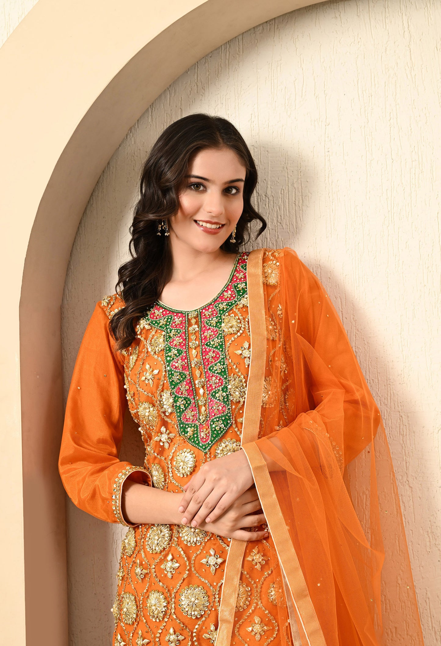 Light Orange Garara Set with Gotta, Zari, and Crystal Work
