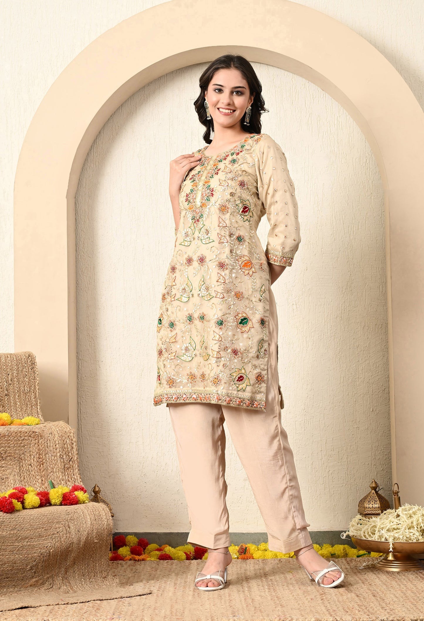 Golden Cream Kurta Set with Gota Patti, Thread, and Zardozi Work