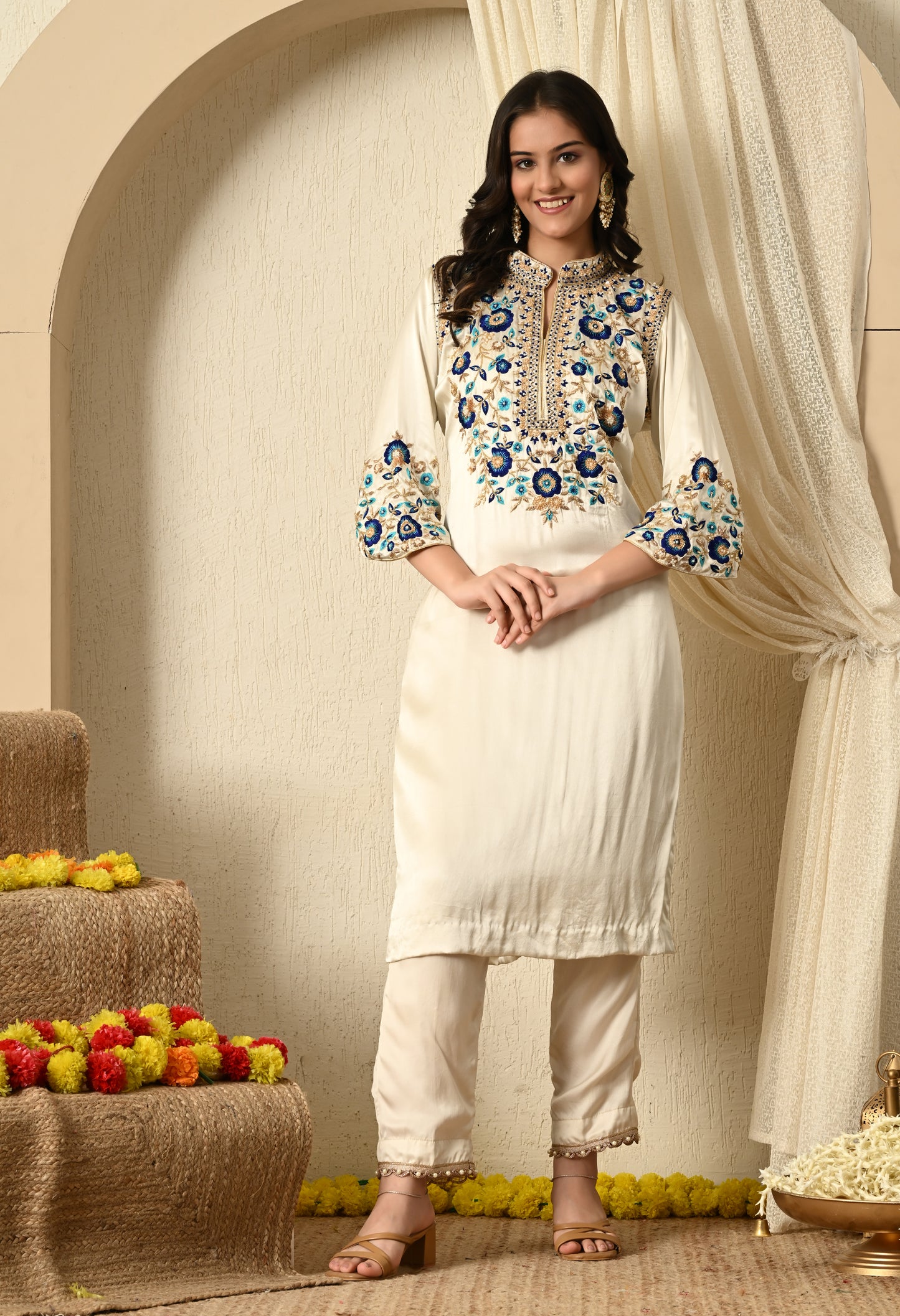 Greenish Cream Kurta Set with Zardozi, Thread, Sequin and Cutdana Work