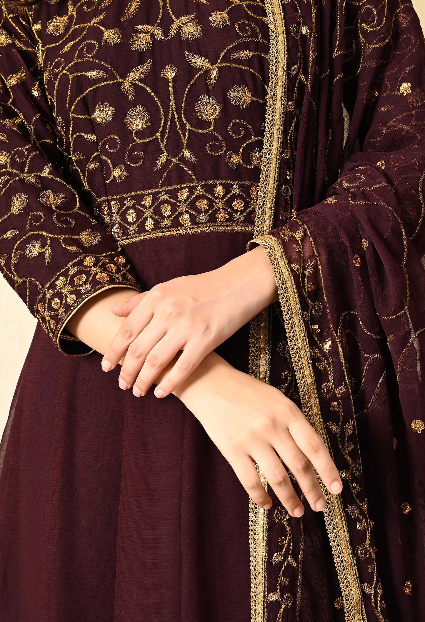 Dark Wine Anarkali  with Zardozi and Sequin Work