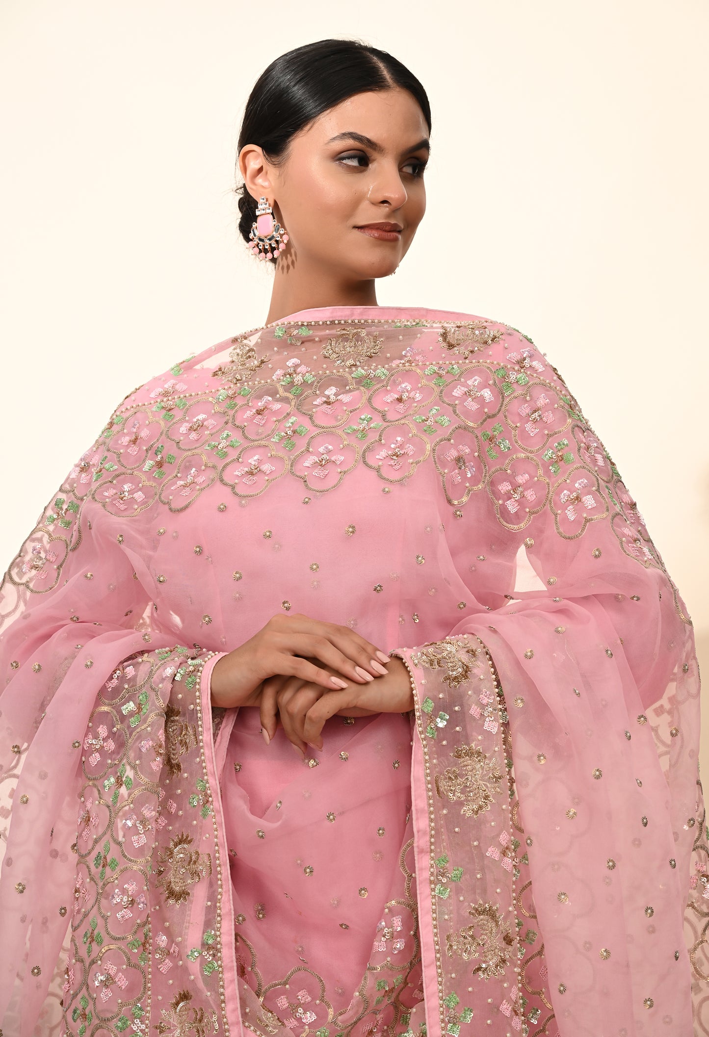 Elegant Onion Pink Organza Kurta Set with Sequin and Thread Embroidery