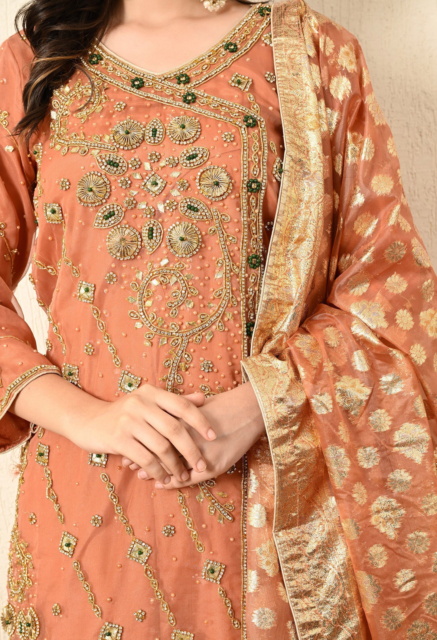 Dark Peach Gharara Set with Gotta, Pearl, and Zardozi Work