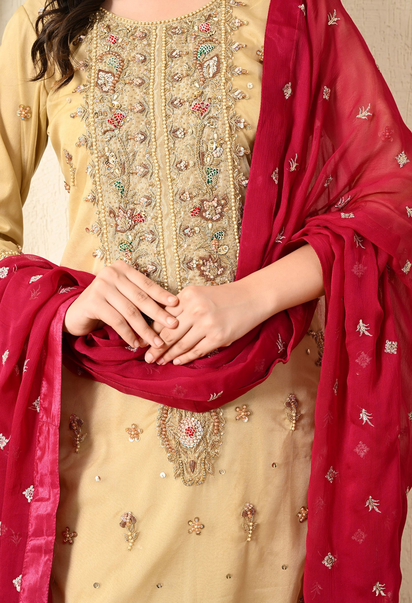 Golden Kurta Set with Zardozi, Dabka, Sequin and Pearl Work