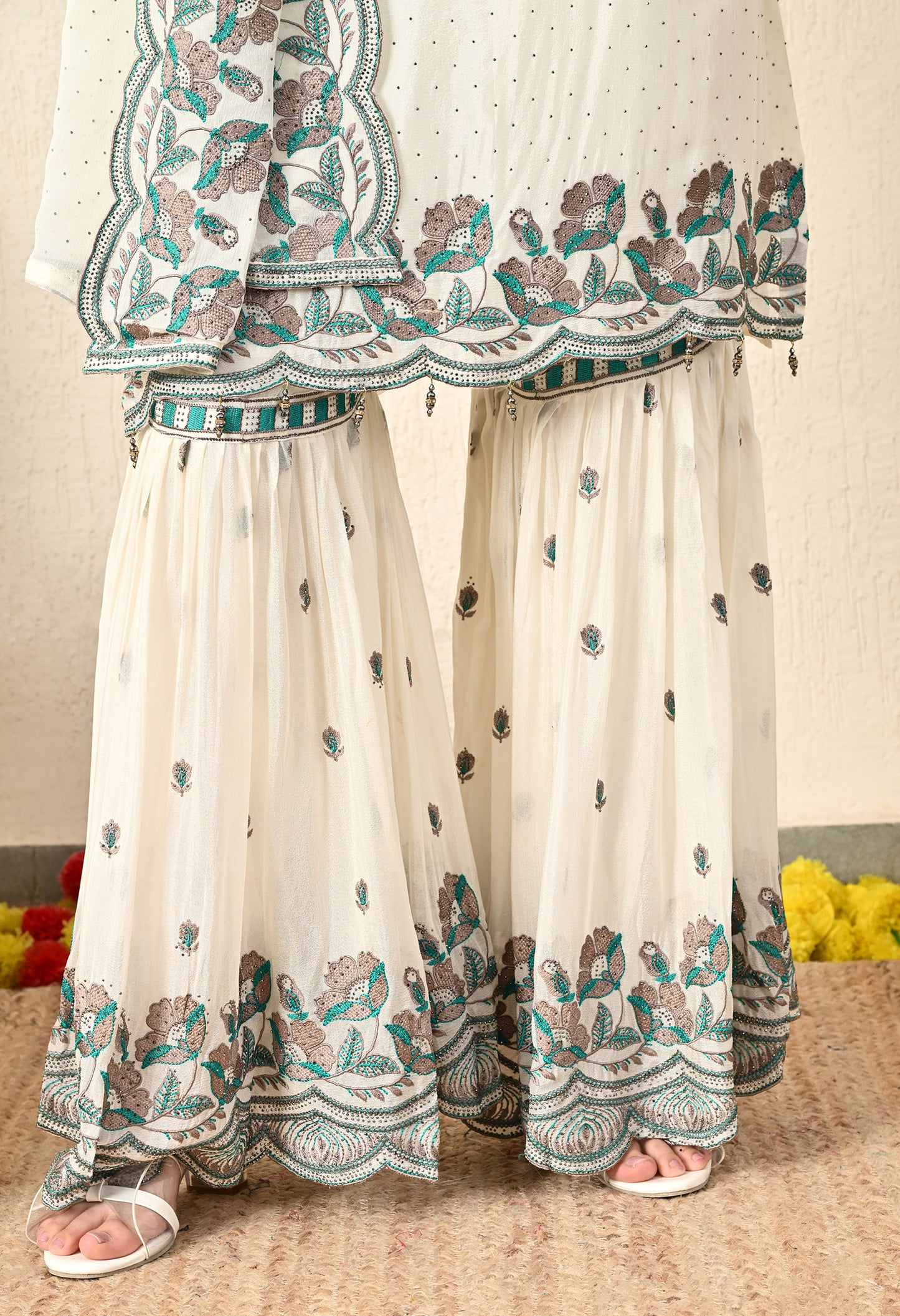 Off White Cream Gharara Set with Elegant Thread and Crystal Work
