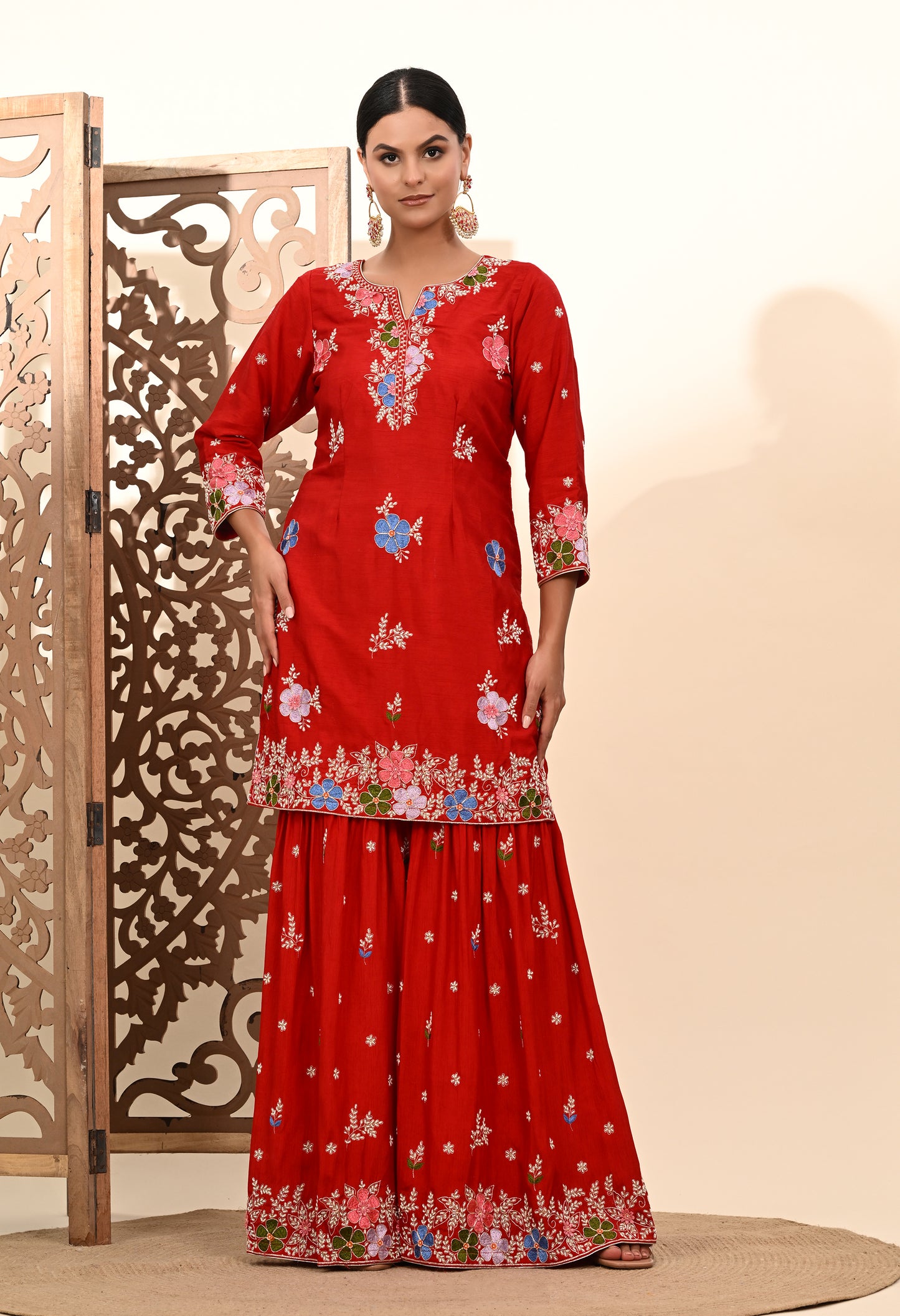 Vibrant Red Silk Garara Set with Zardozi Embroidery, Thread, and Pearl Work