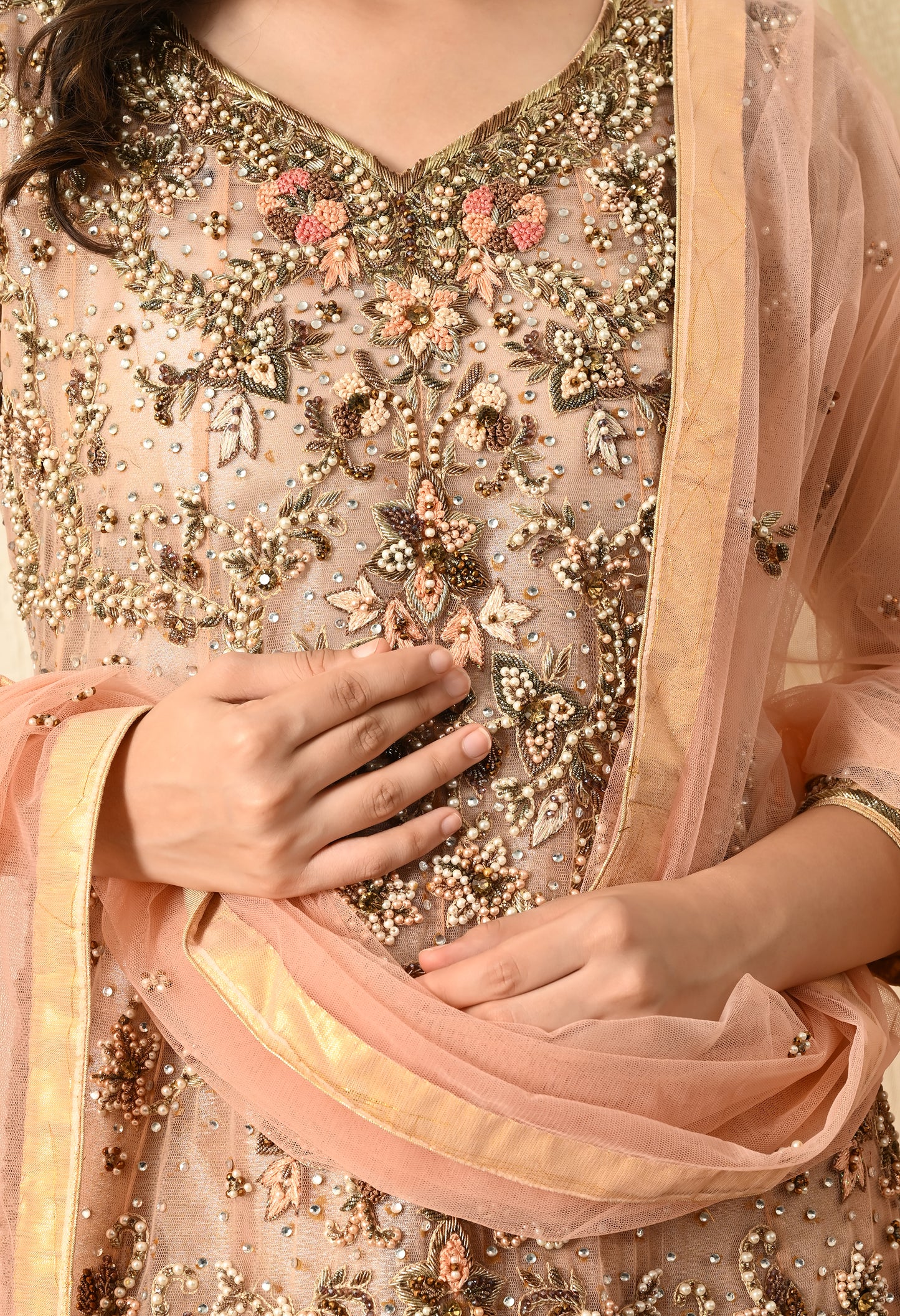 Peach Sharara Set with Zardozi, Thread, Sequence and Cutdana Work