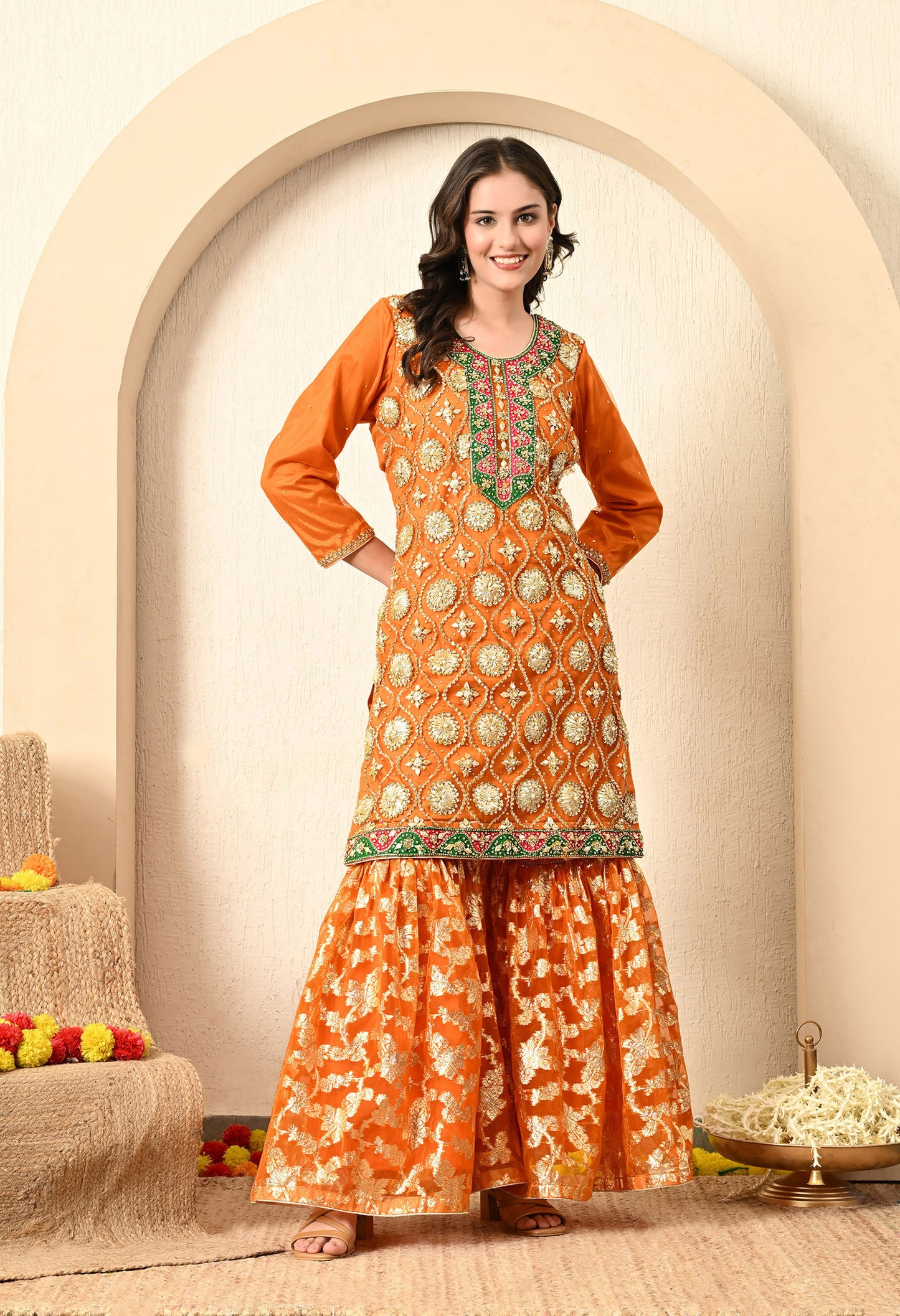 Light Orange Garara Set with Gotta, Zari, and Crystal Work