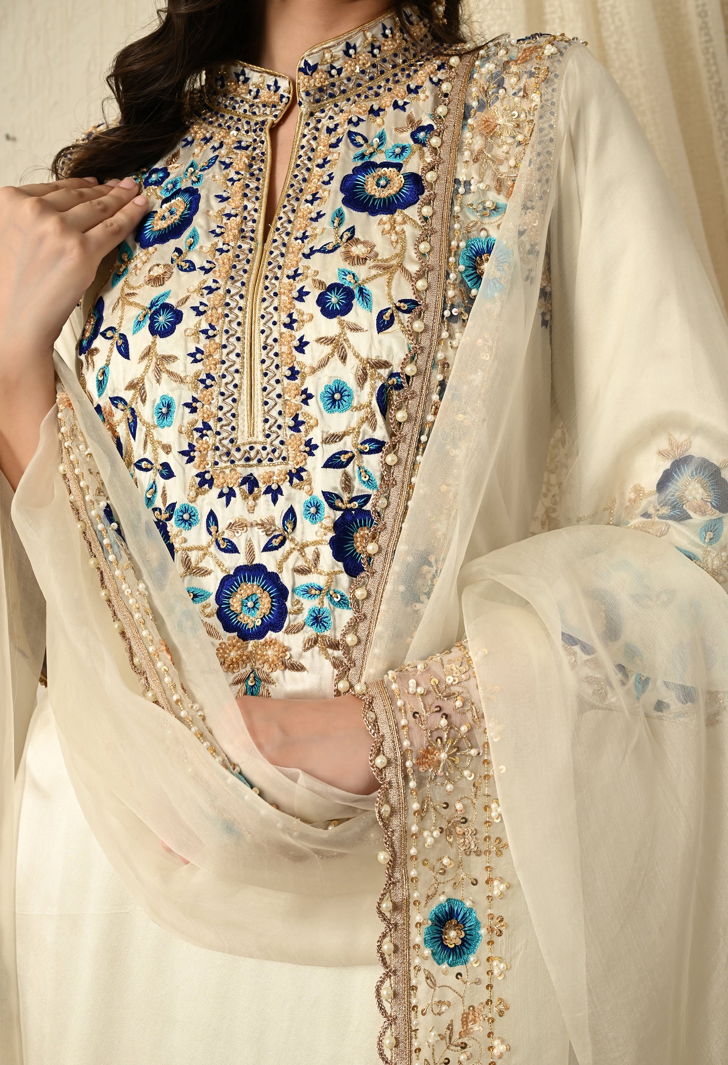 Greenish Cream Kurta Set with Zardozi, Thread, Sequin and Cutdana Work
