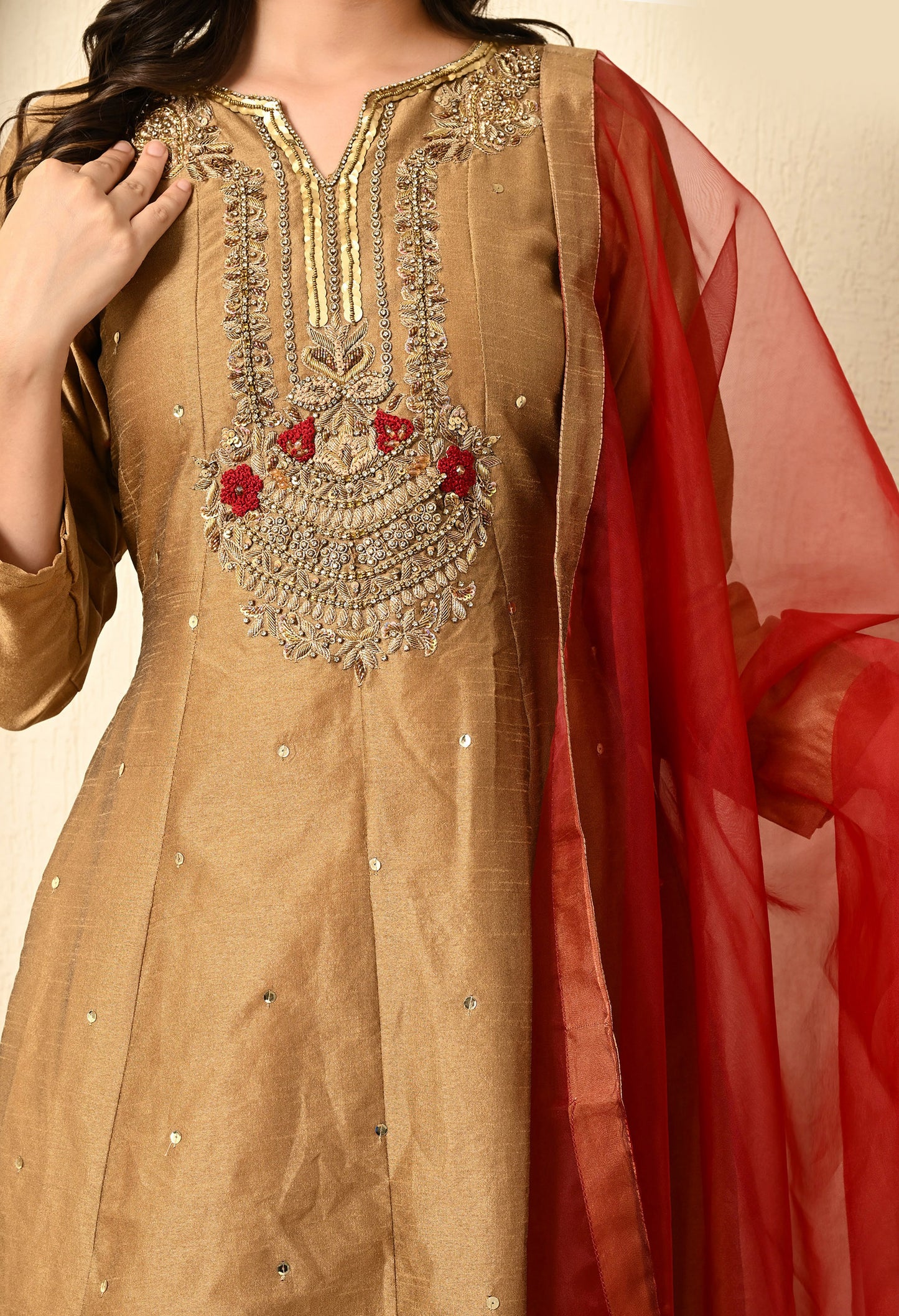 Golden Brown Anarkali Set with Zardozi, Thread, and Sequin Work