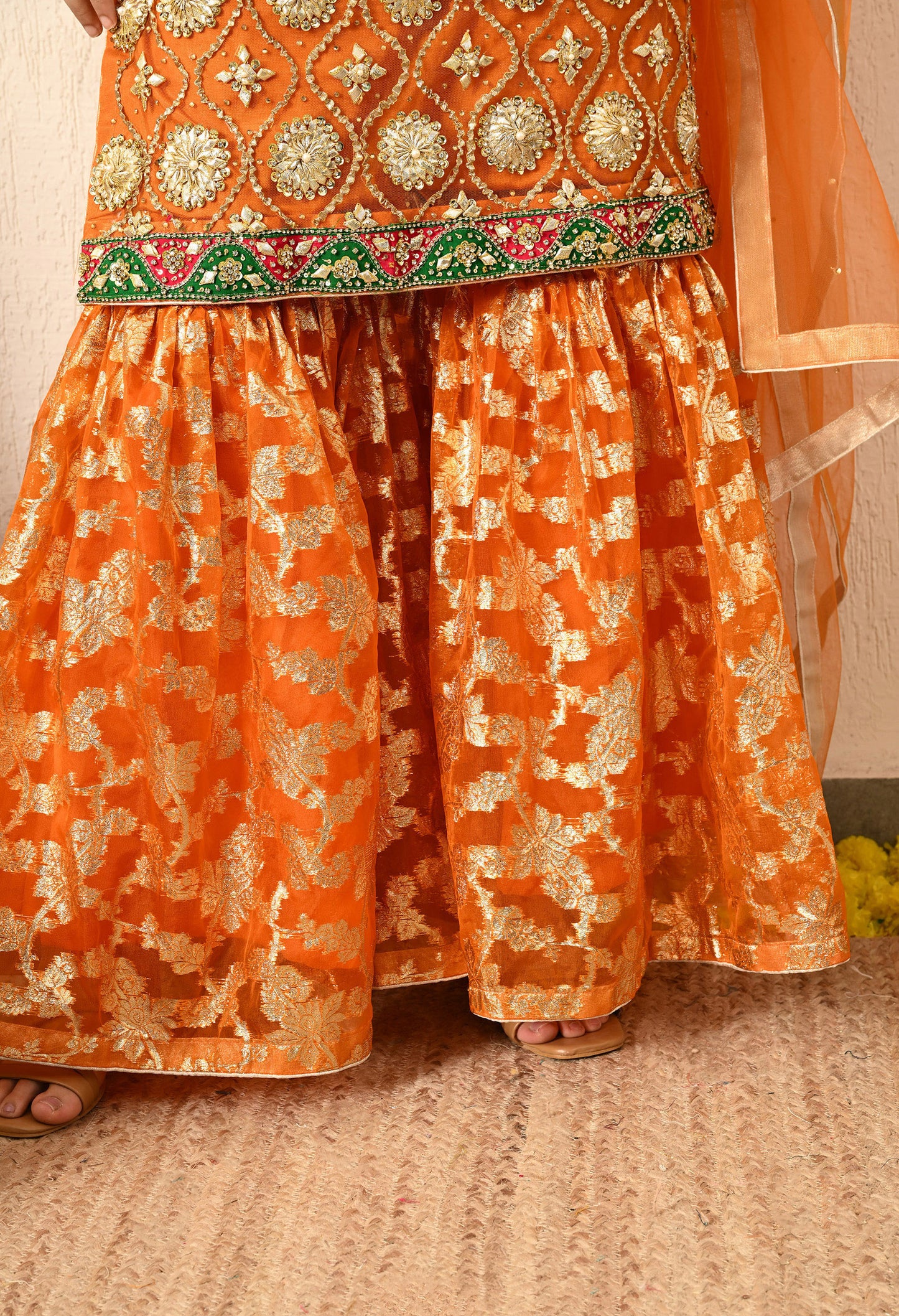 Light Orange Garara Set with Gotta, Zari, and Crystal Work