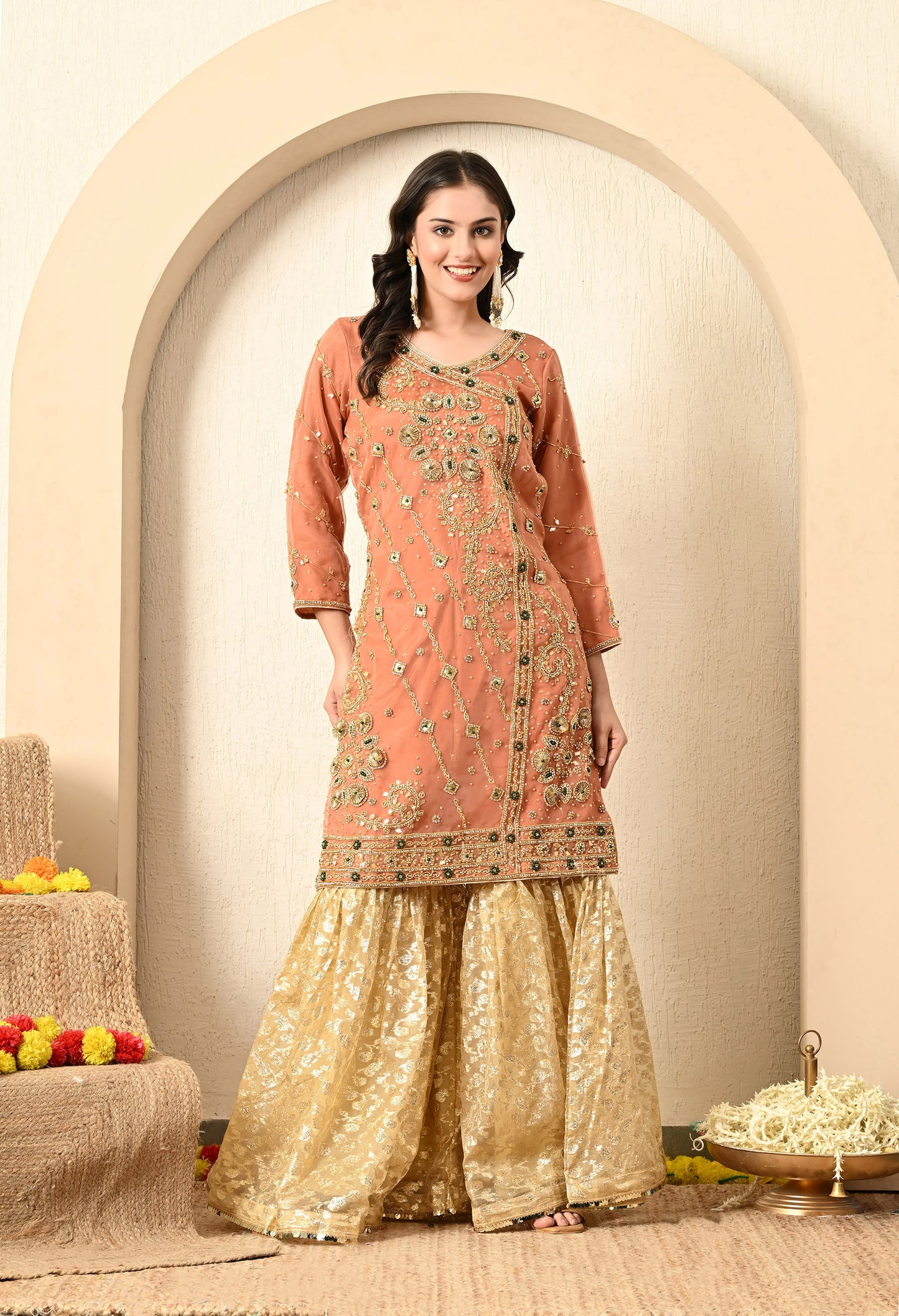 Dark Peach Gharara Set with Gotta, Pearl, and Zardozi Work