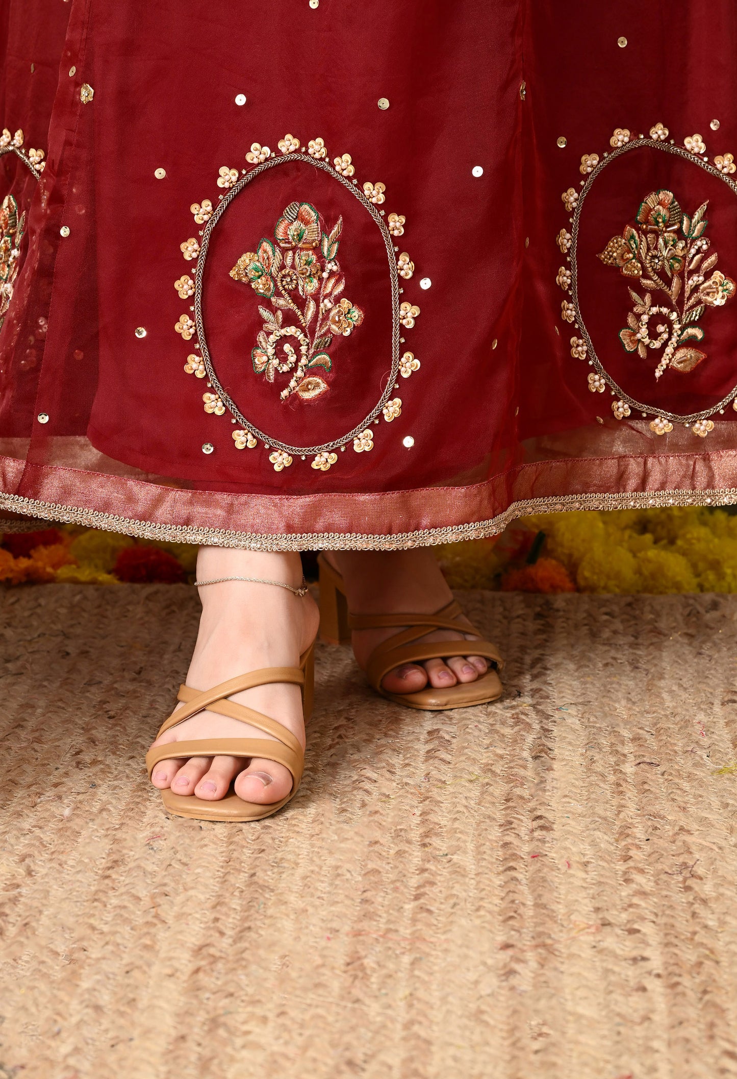 Dark Maroon Anarkali Set with Zardozi, Dabka and Sequin