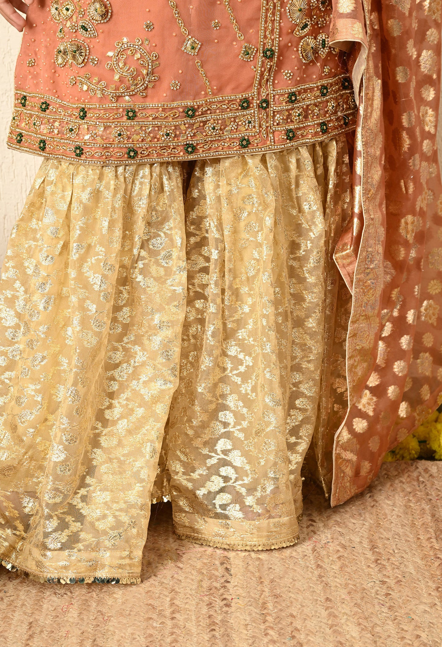 Dark Peach Gharara Set with Gotta, Pearl, and Zardozi Work