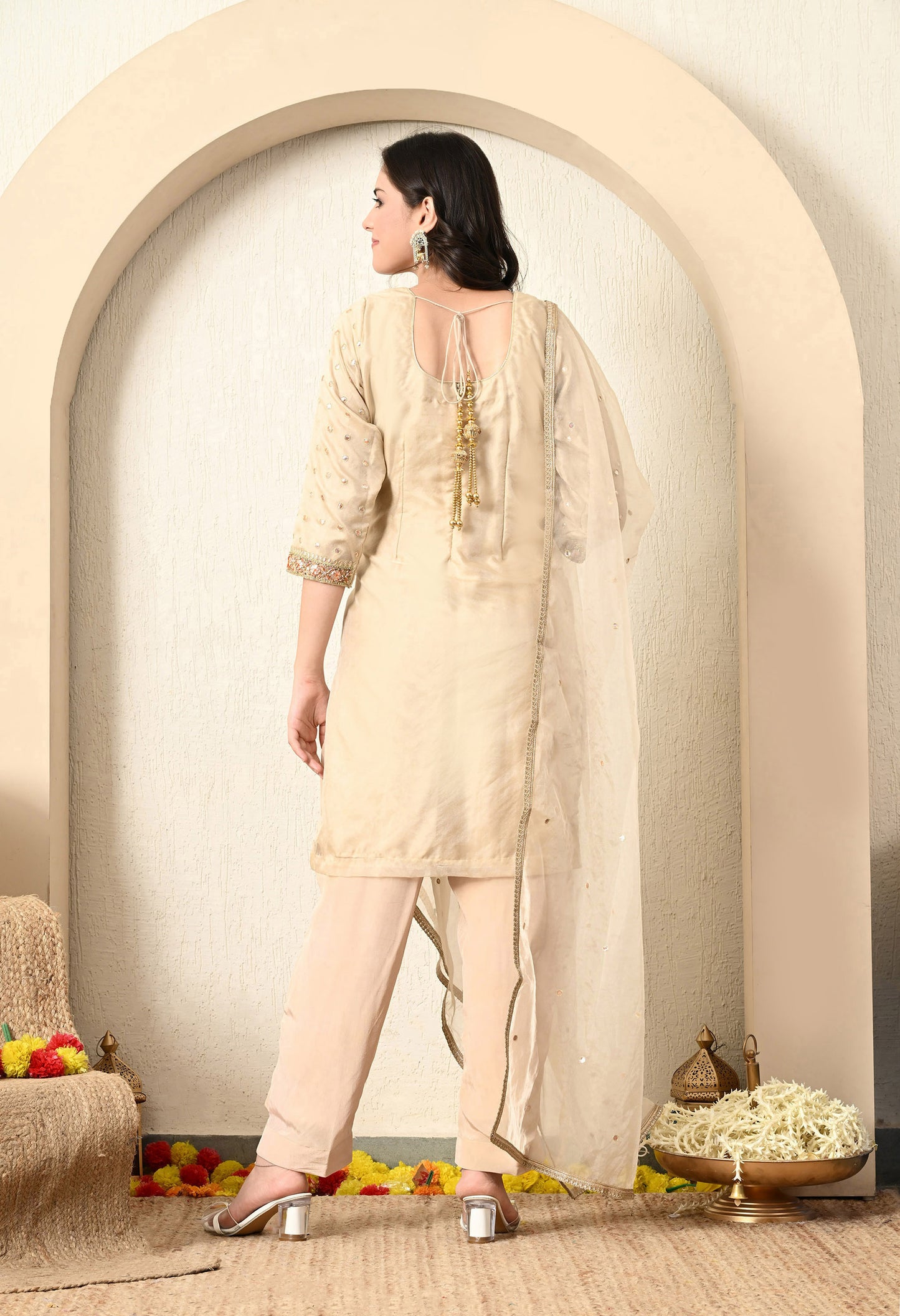 Golden Cream Kurta Set with Gota Patti, Thread, and Zardozi Work