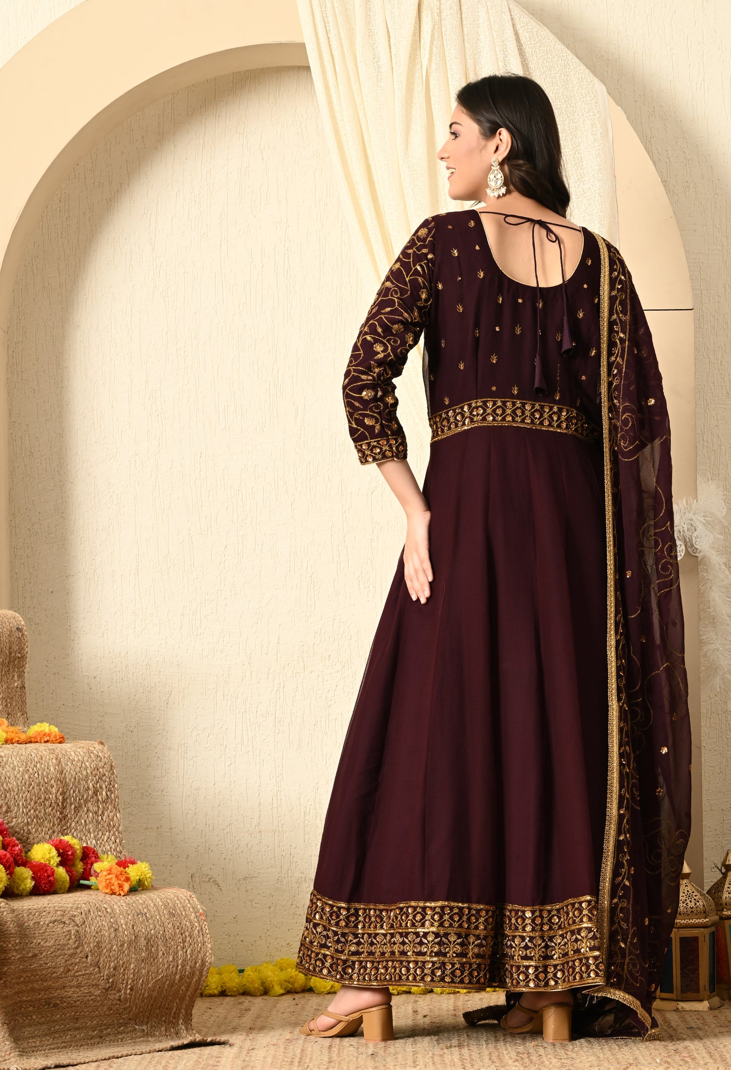 Dark Wine Anarkali  with Zardozi and Sequin Work