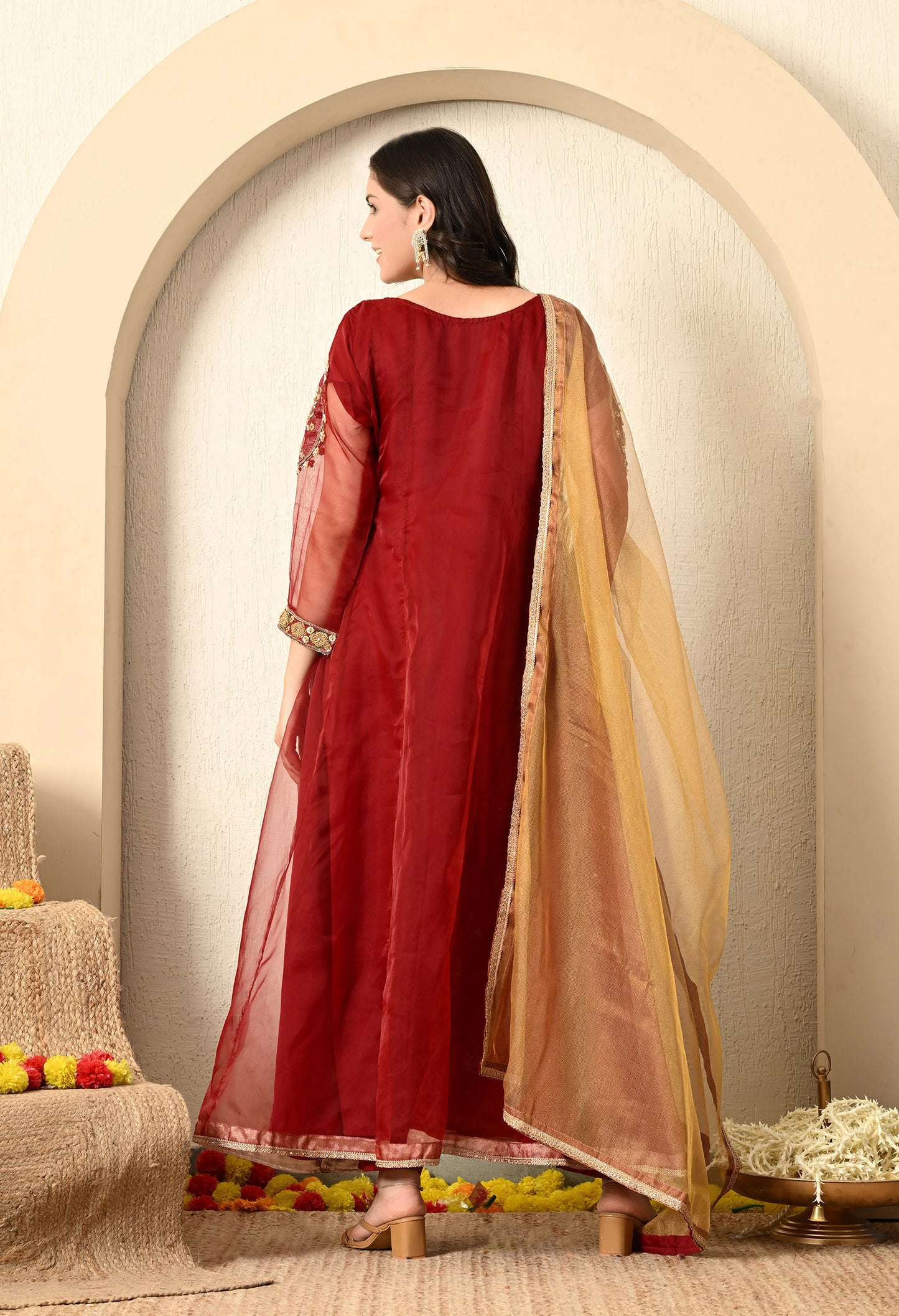Dark Maroon Anarkali Set with Zardozi, Dabka and Sequin