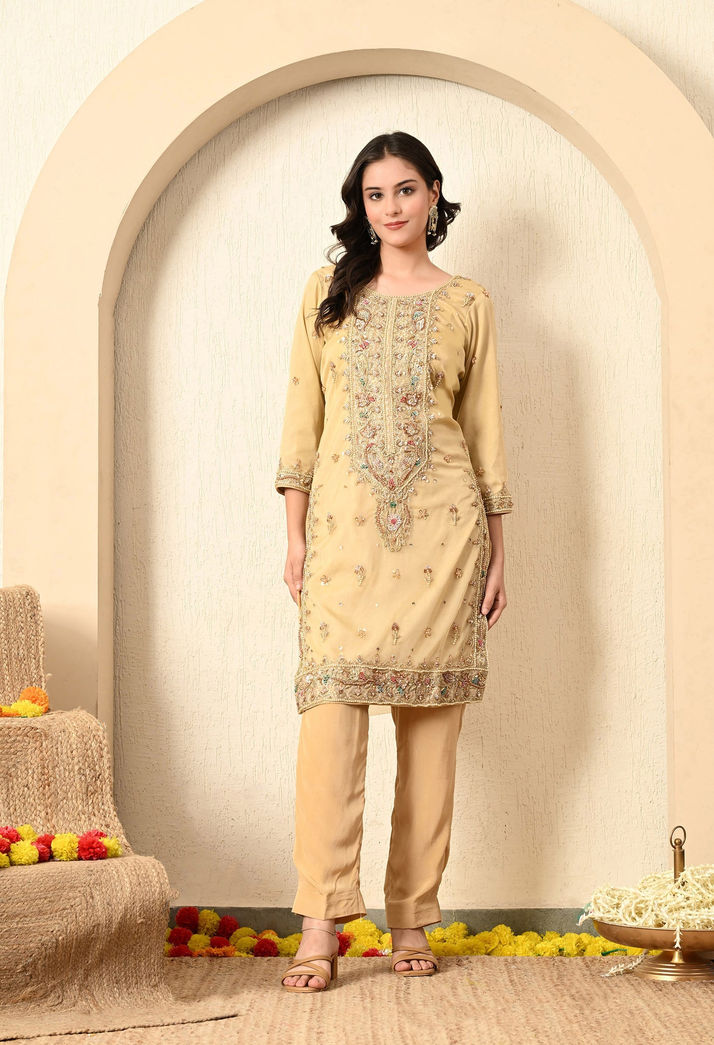 Golden Kurta Set with Zardozi, Dabka, Sequin and Pearl Work