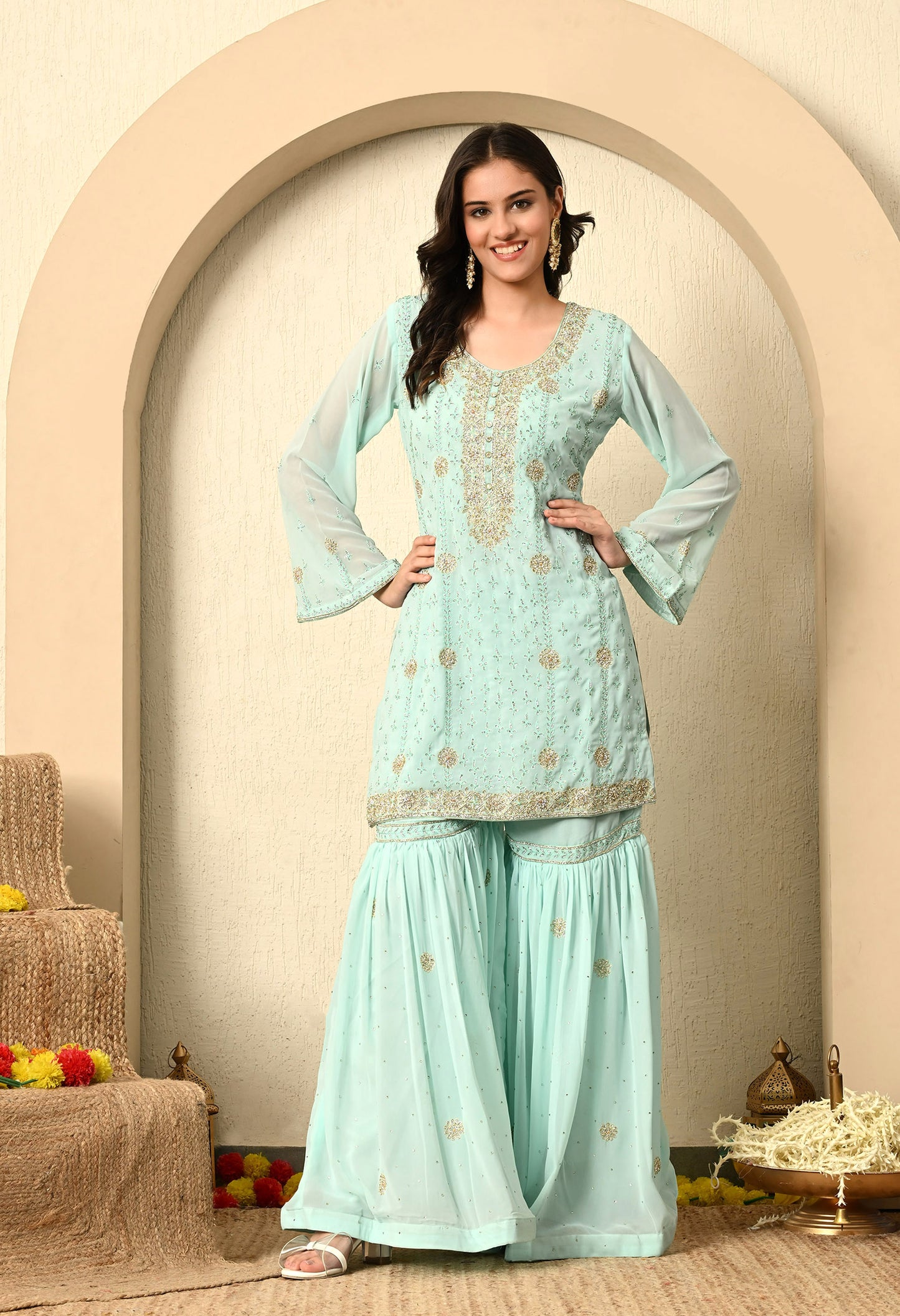 Light Green Gharara Set with Mesmerizing Thread and Crystal Work