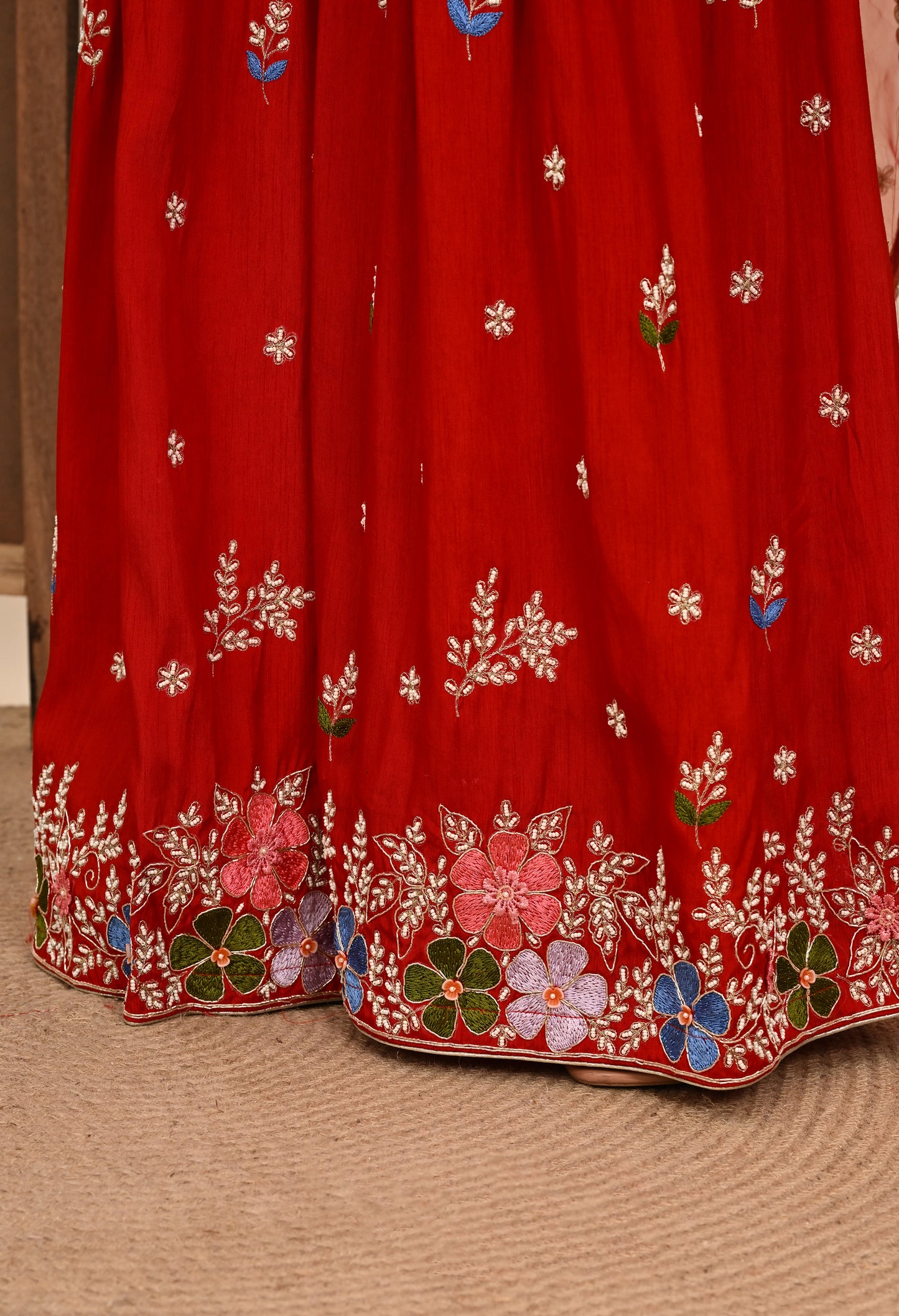 Vibrant Red Silk Garara Set with Zardozi Embroidery, Thread, and Pearl Work
