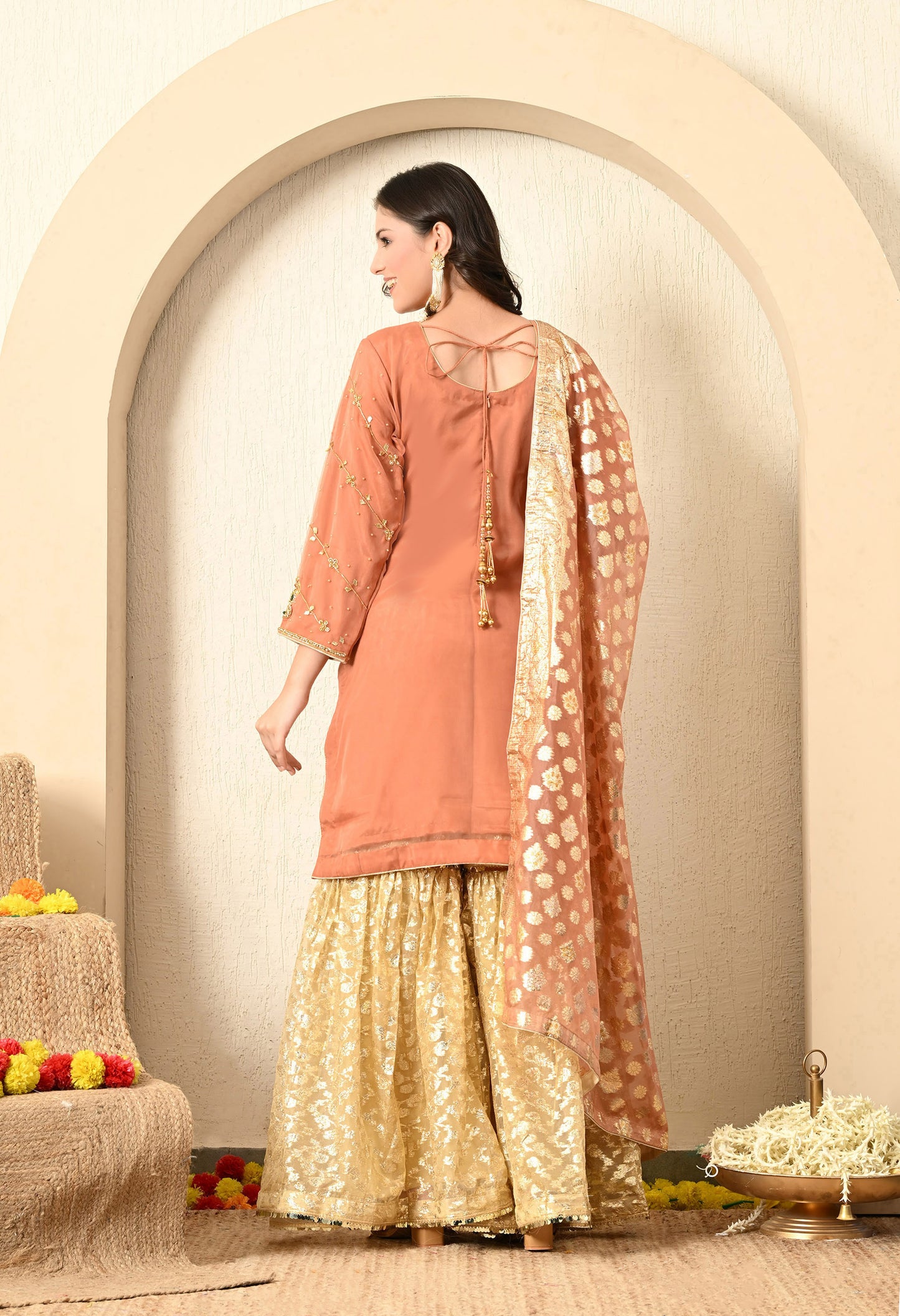 Dark Peach Gharara Set with Gotta, Pearl, and Zardozi Work
