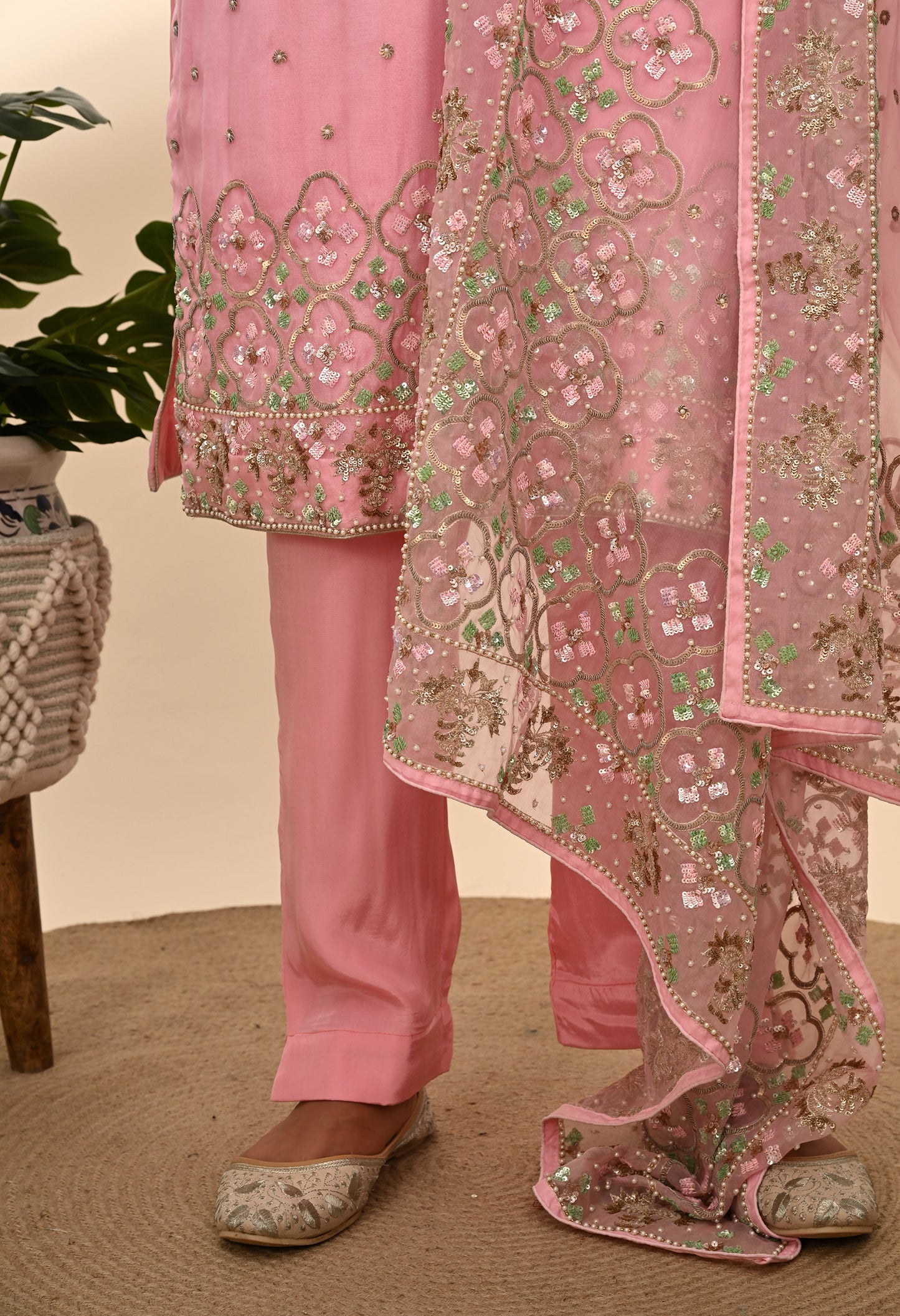 Elegant Onion Pink Organza Kurta Set with Sequin and Thread Embroidery