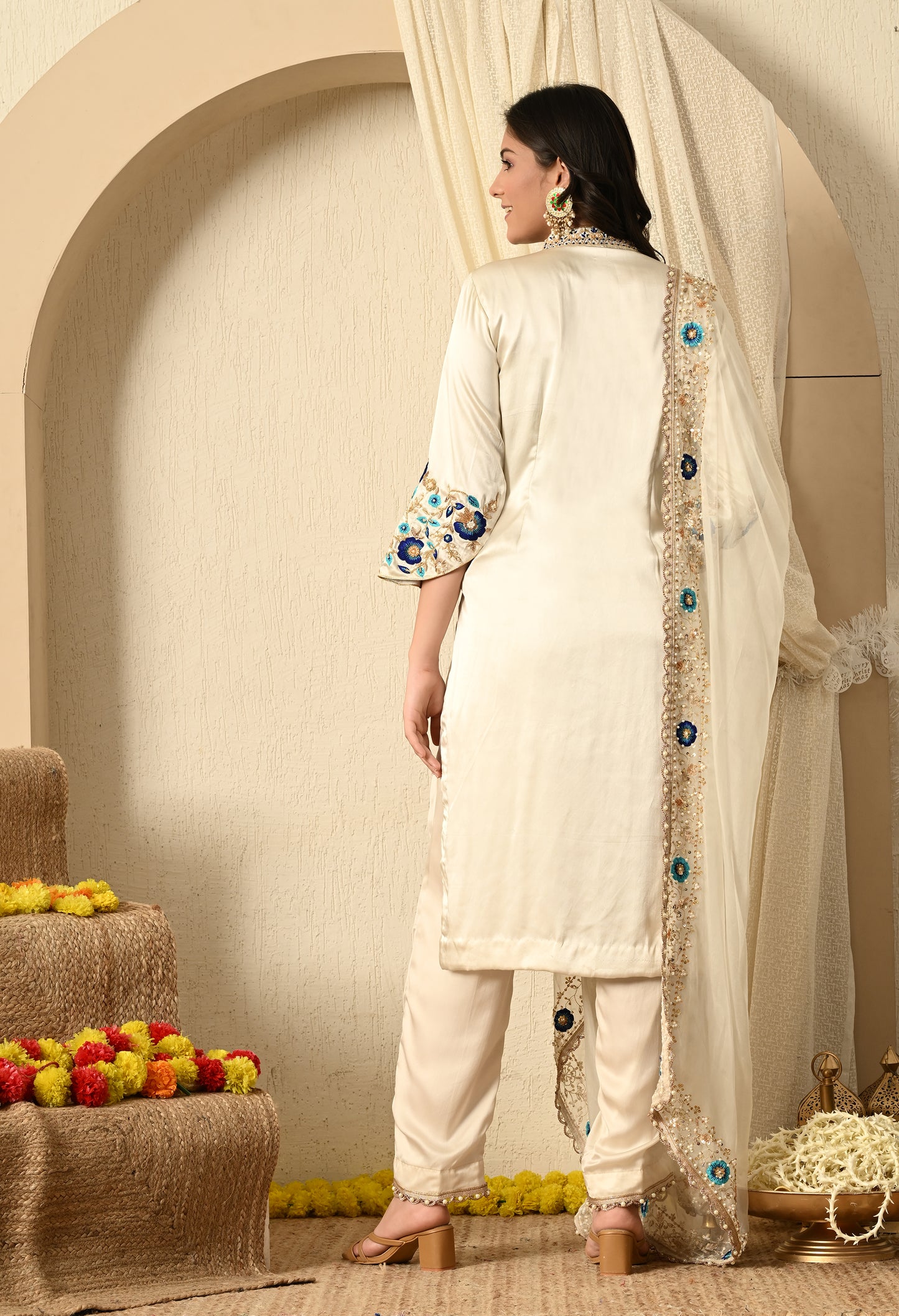Greenish Cream Kurta Set with Zardozi, Thread, Sequin and Cutdana Work