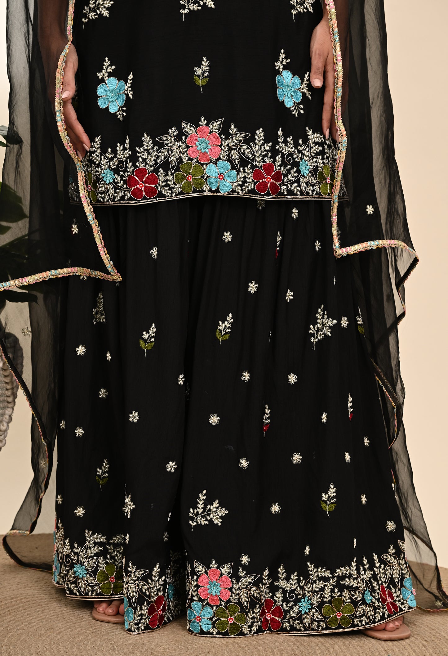 Striking Black Silk Gharara Set with Zardozi Embroidery