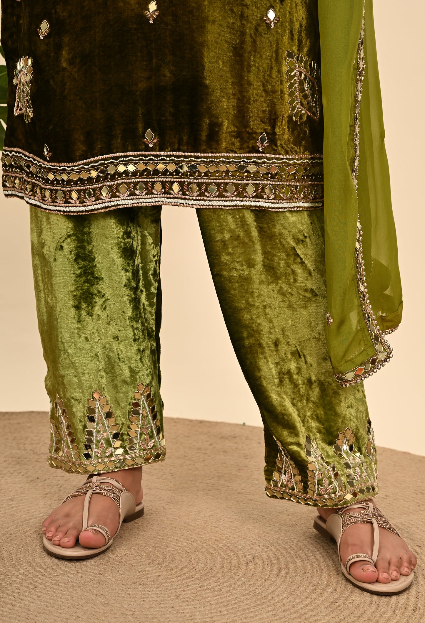 Elegant Mehndi Green Velvet Kurta Set Featuring Zardozi Embroidery