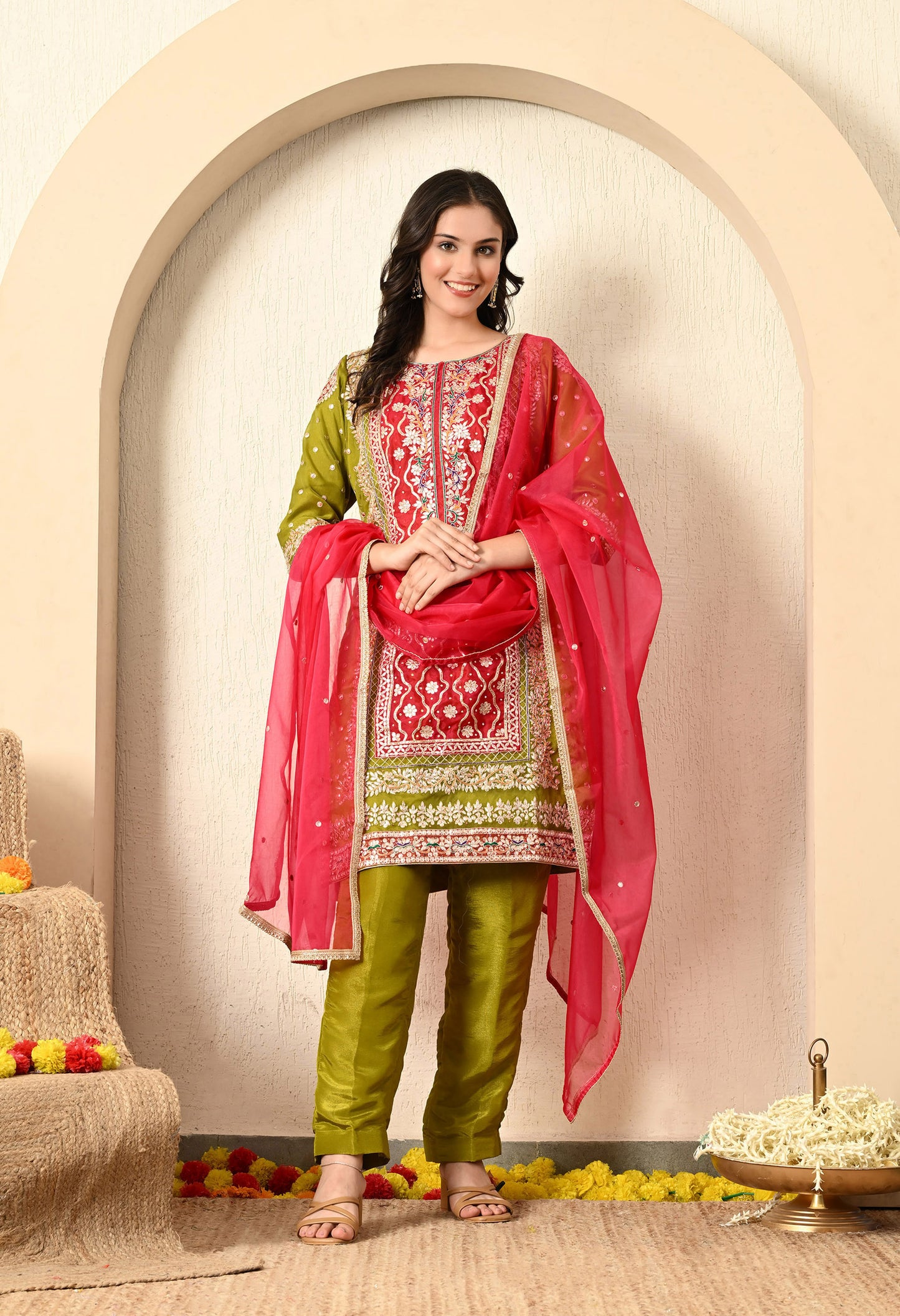 Rani and Green Colour Hue Kurta Set with Gota Patti, Zardozi, and Sequin Work