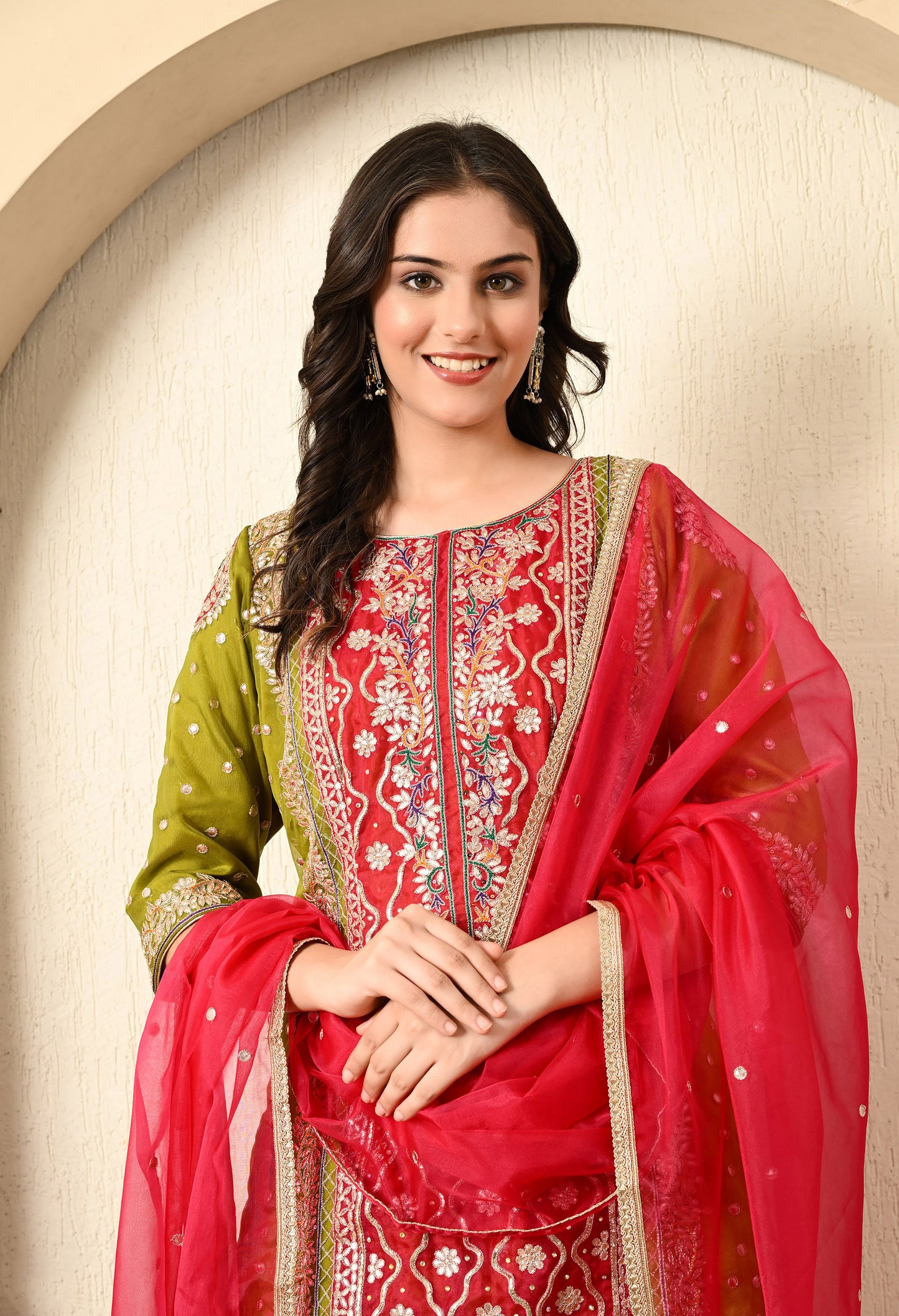 Rani and Green Colour Hue Kurta Set with Gota Patti, Zardozi, and Sequin Work