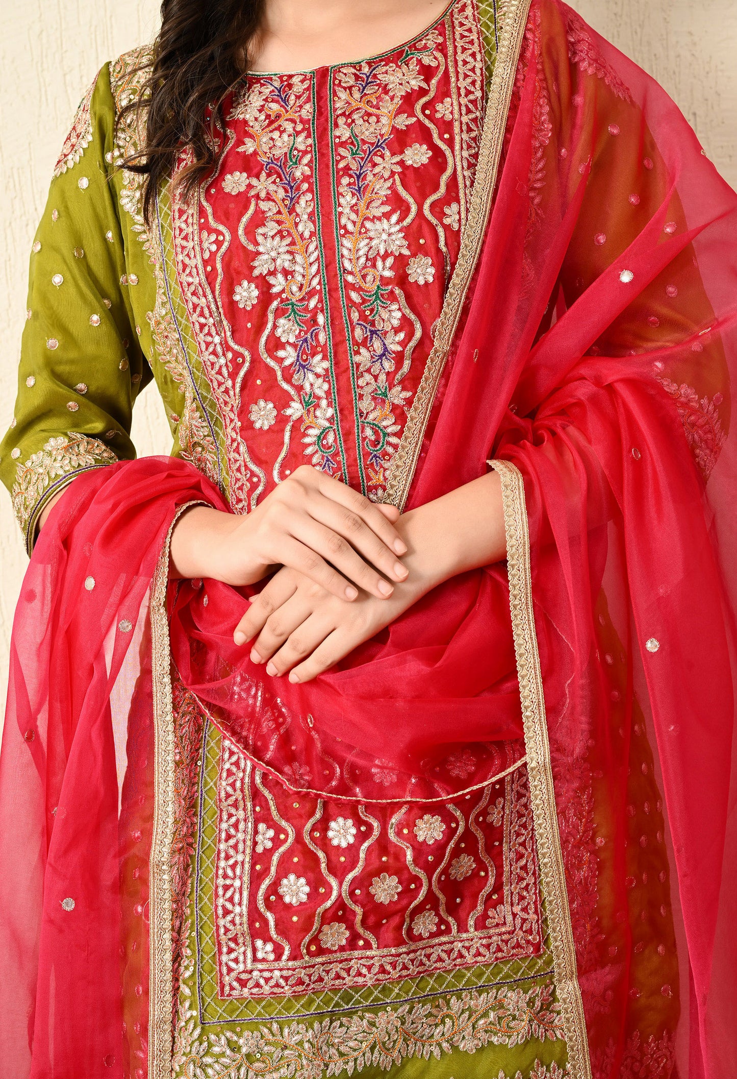Rani and Green Colour Hue Kurta Set with Gota Patti, Zardozi, and Sequin Work