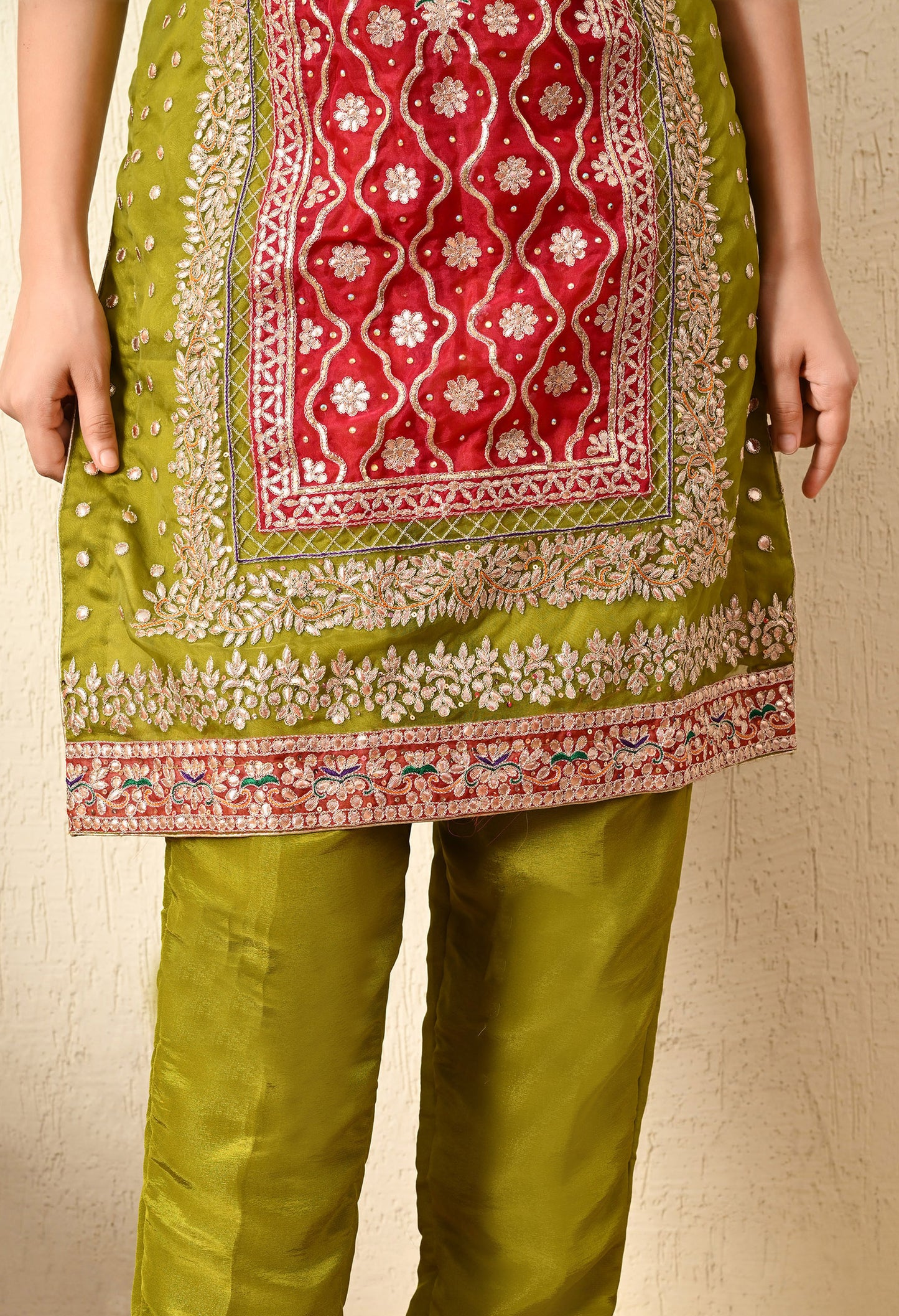 Rani and Green Colour Hue Kurta Set with Gota Patti, Zardozi, and Sequin Work