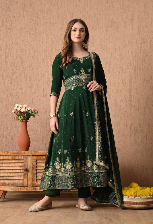 Stunning Bottle Green Anarkali Set with Zardozi and Sequin Work