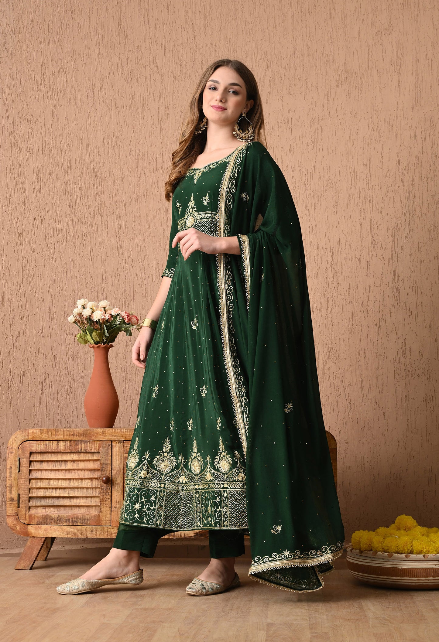 Stunning Bottle Green Anarkali Set with Zardozi and Sequin Work