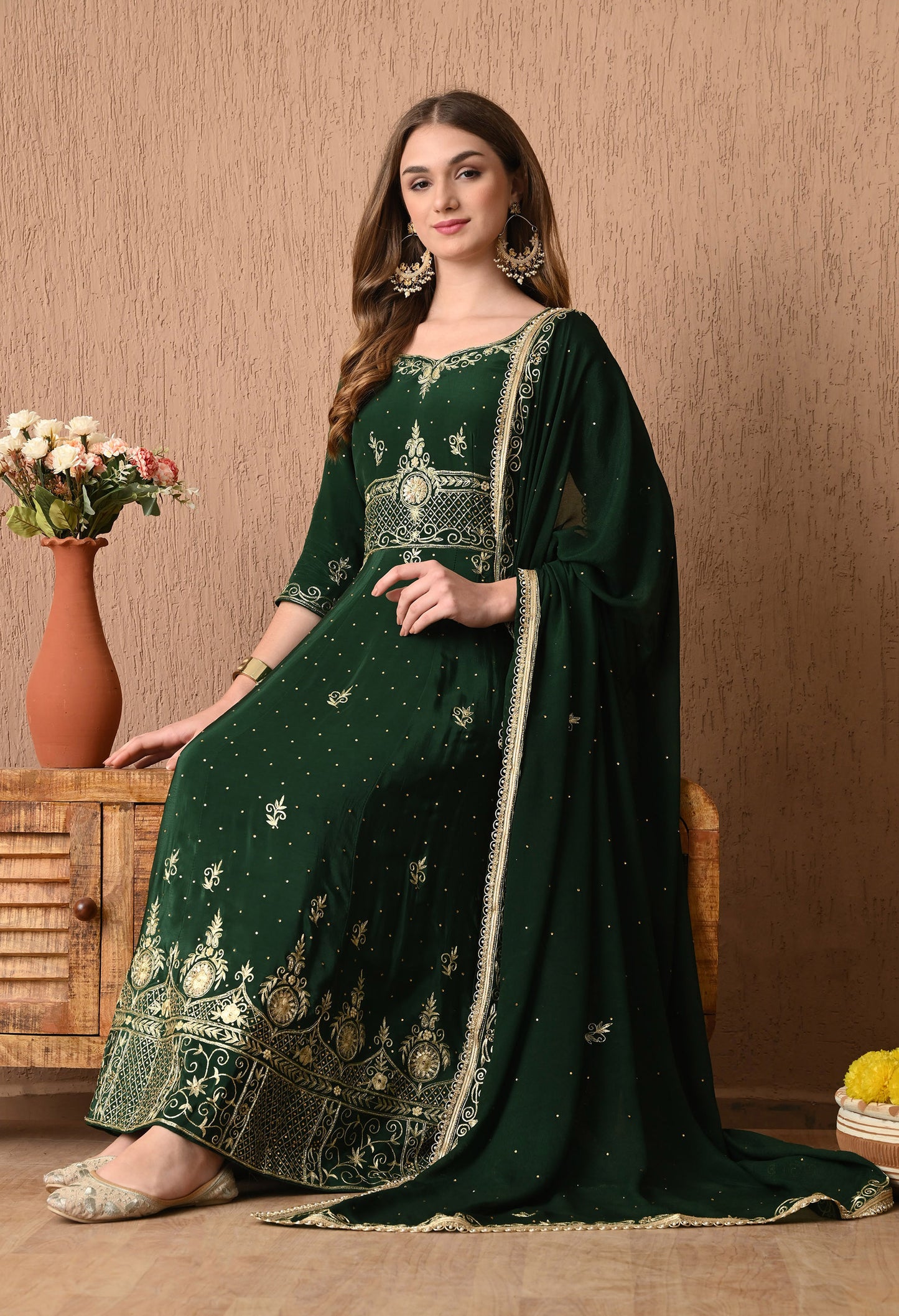 Stunning Bottle Green Anarkali Set with Zardozi and Sequin Work