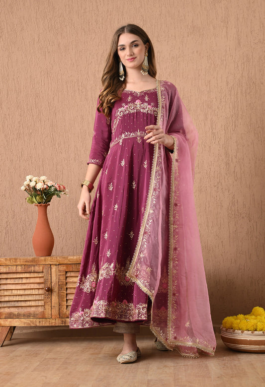 Ravishing Pinkish Wine Anarkali Set with Zardozi and Sequin Work