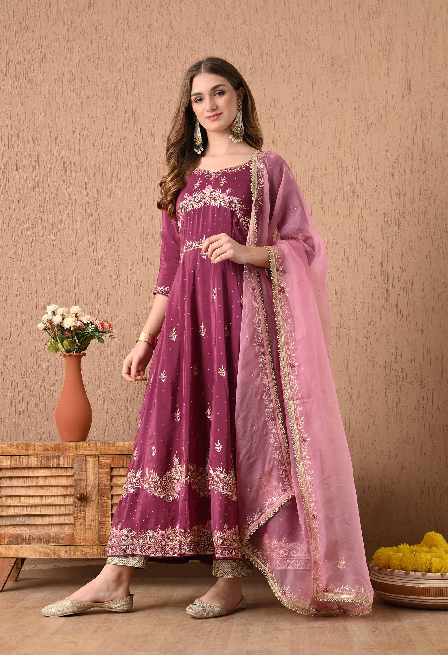 Ravishing Pinkish Wine Anarkali Set with Zardozi and Sequin Work