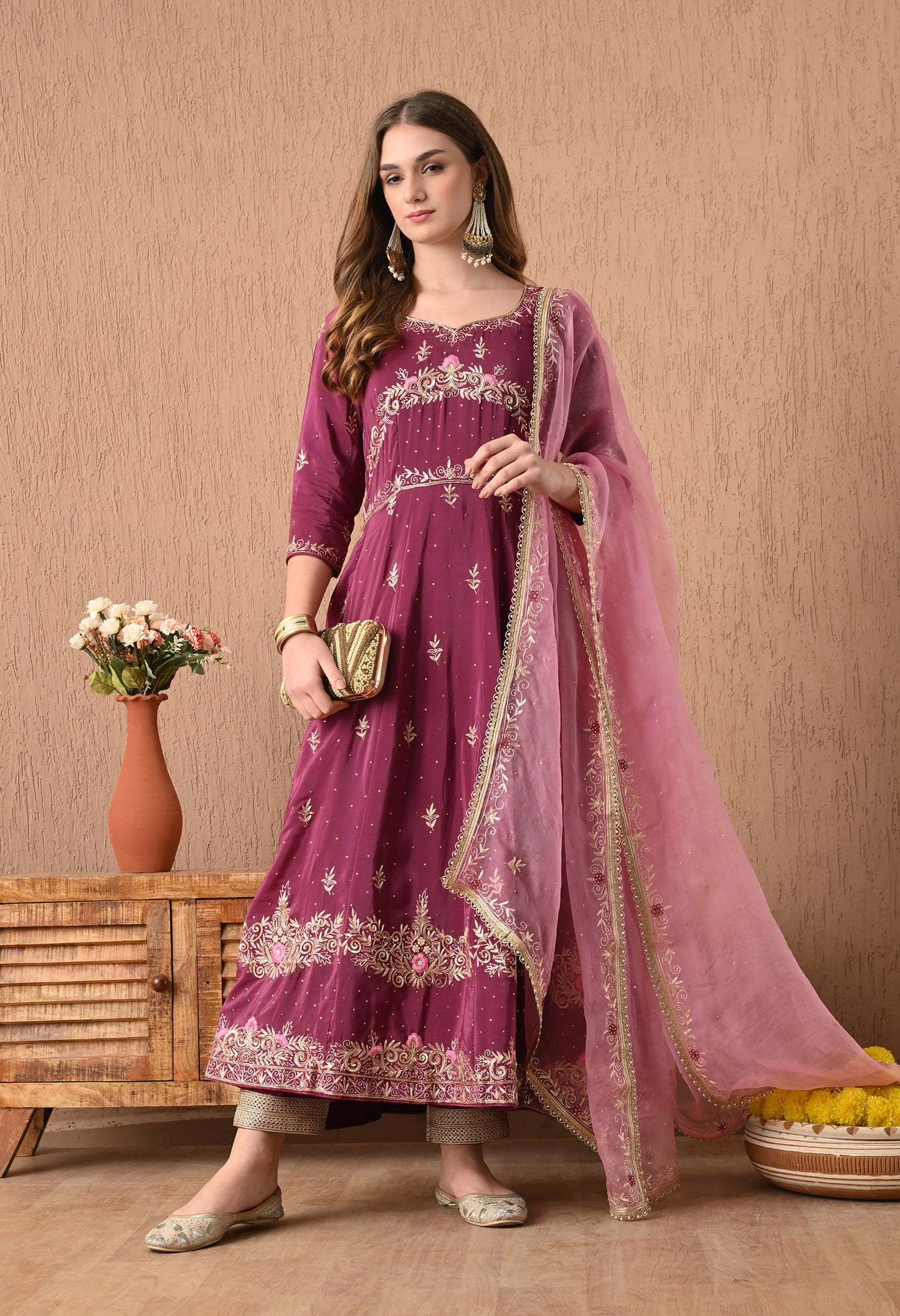 Ravishing Pinkish Wine Anarkali Set with Zardozi and Sequin Work