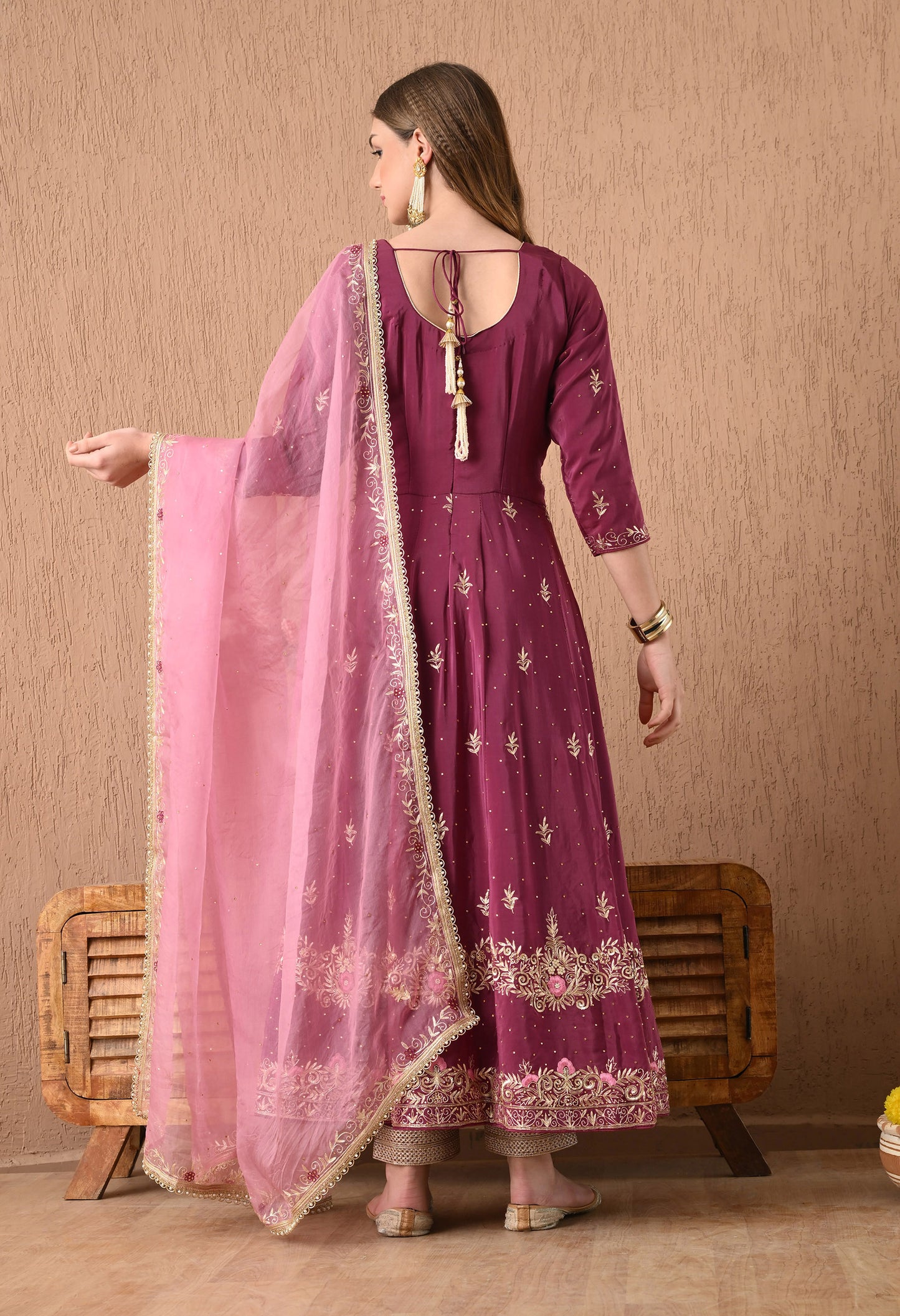 Ravishing Pinkish Wine Anarkali Set with Zardozi and Sequin Work