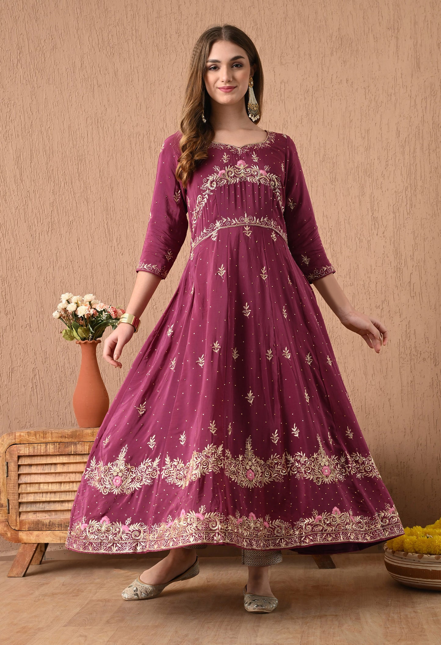 Ravishing Pinkish Wine Anarkali Set with Zardozi and Sequin Work