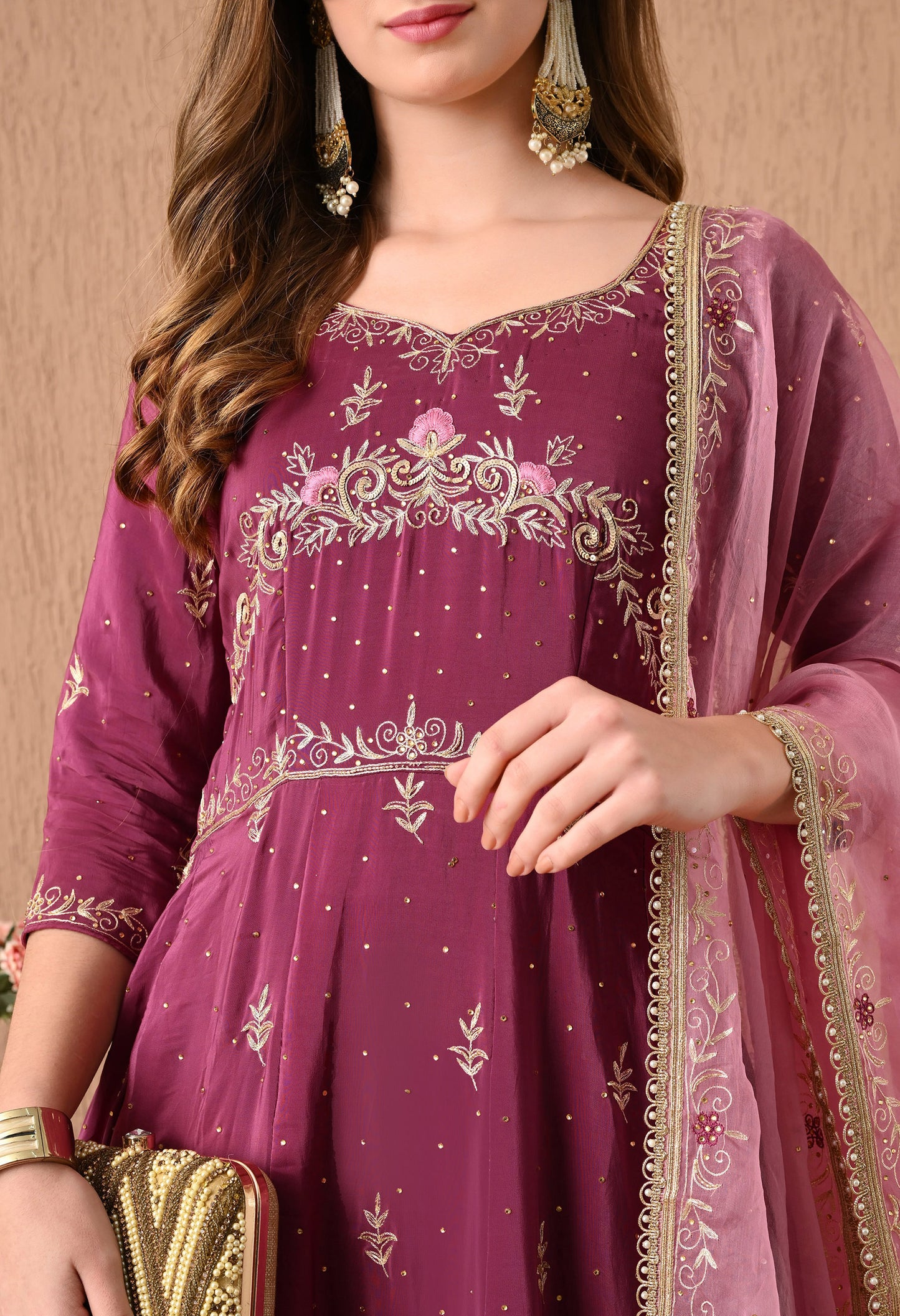 Ravishing Pinkish Wine Anarkali Set with Zardozi and Sequin Work