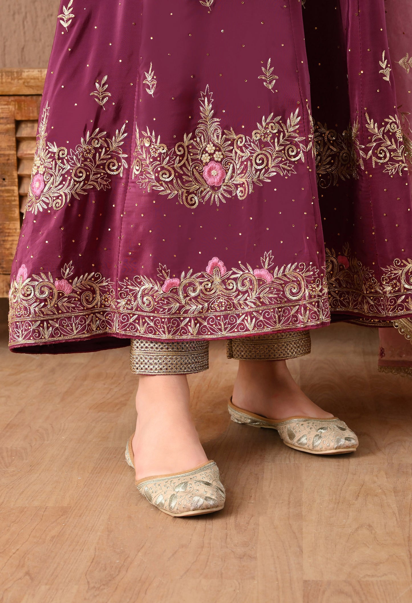 Ravishing Pinkish Wine Anarkali Set with Zardozi and Sequin Work