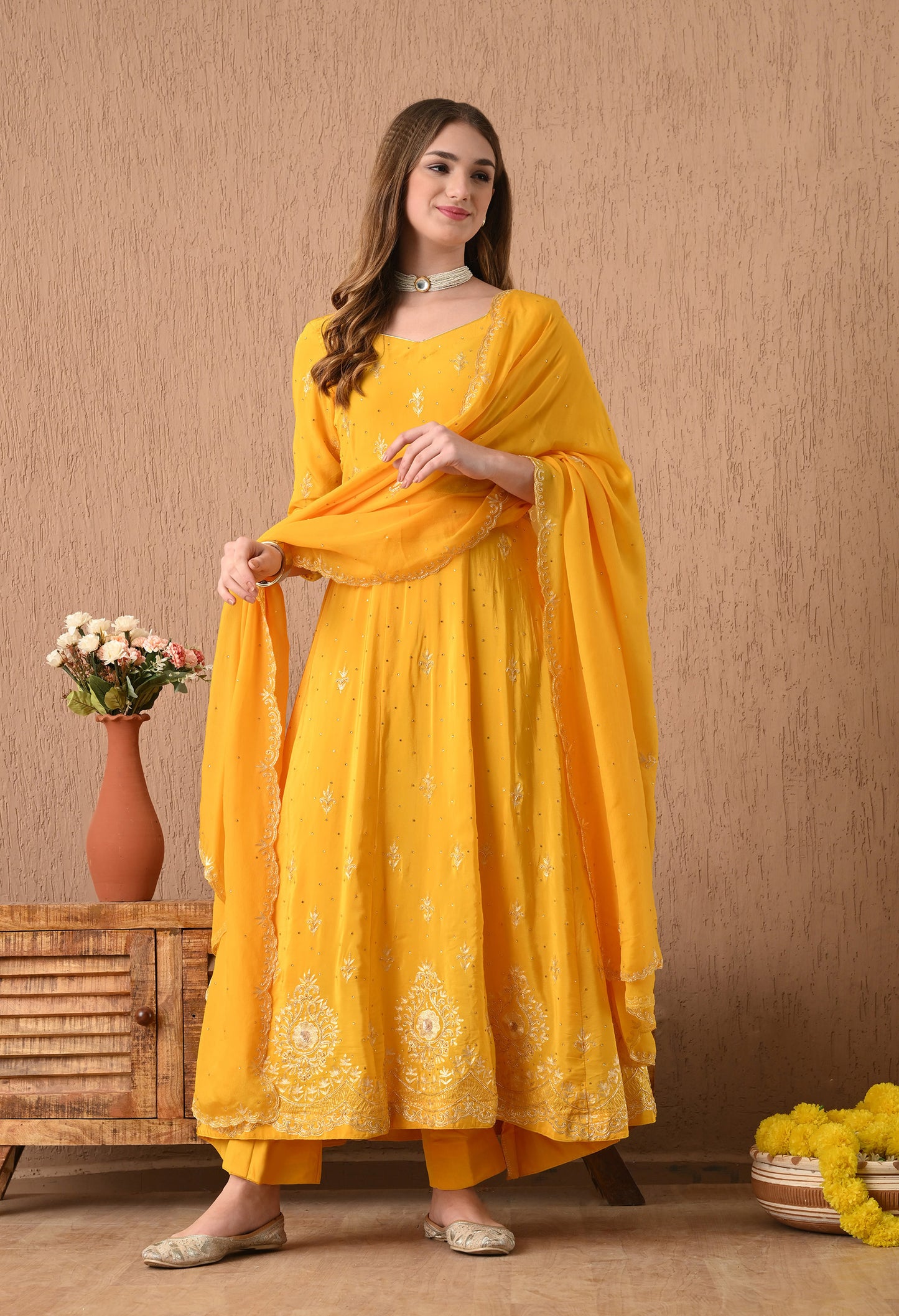 Elegant Yellow Anarkali Set with Zardozi and Sequin Work