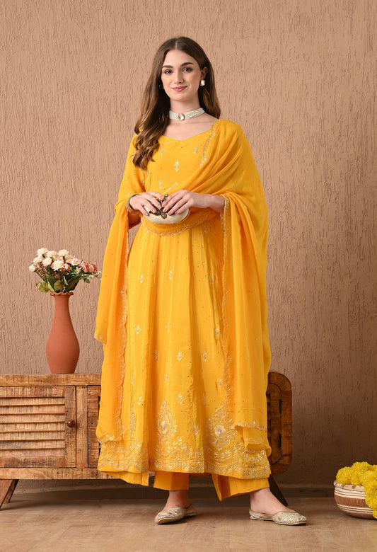 Elegant Yellow Anarkali Set with Zardozi and Sequin Work