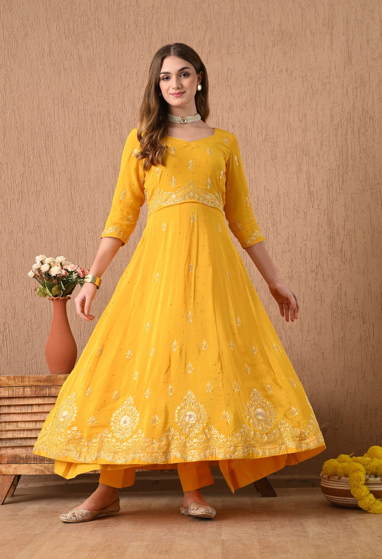 Elegant Yellow Anarkali Set with Zardozi and Sequin Work