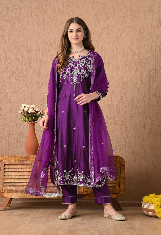 Astonishing Purple Kurta Set with Zardozi, Sippy, Pearl, and Cutdana Work