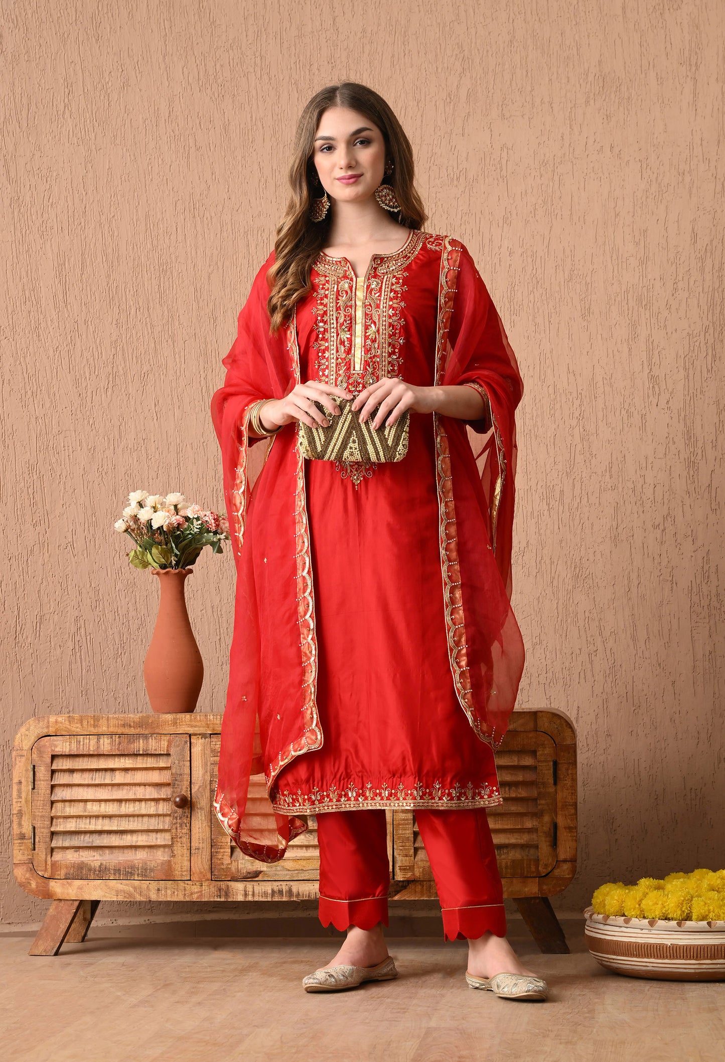 Etheral & Elegant Red Kurta Set with Gota Patti, Zardozi, and Sequin Work