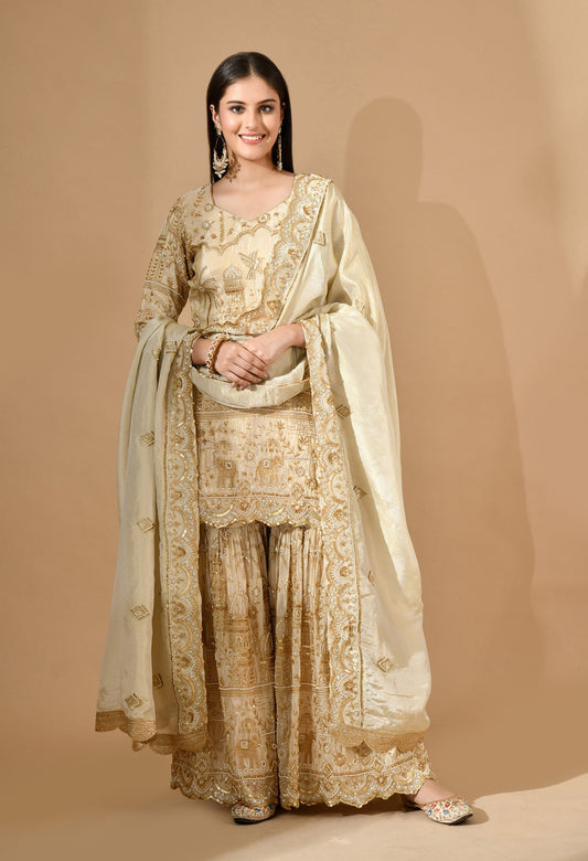 Golden Sharara Set with Zardozi, Pearl & Cutdana Work