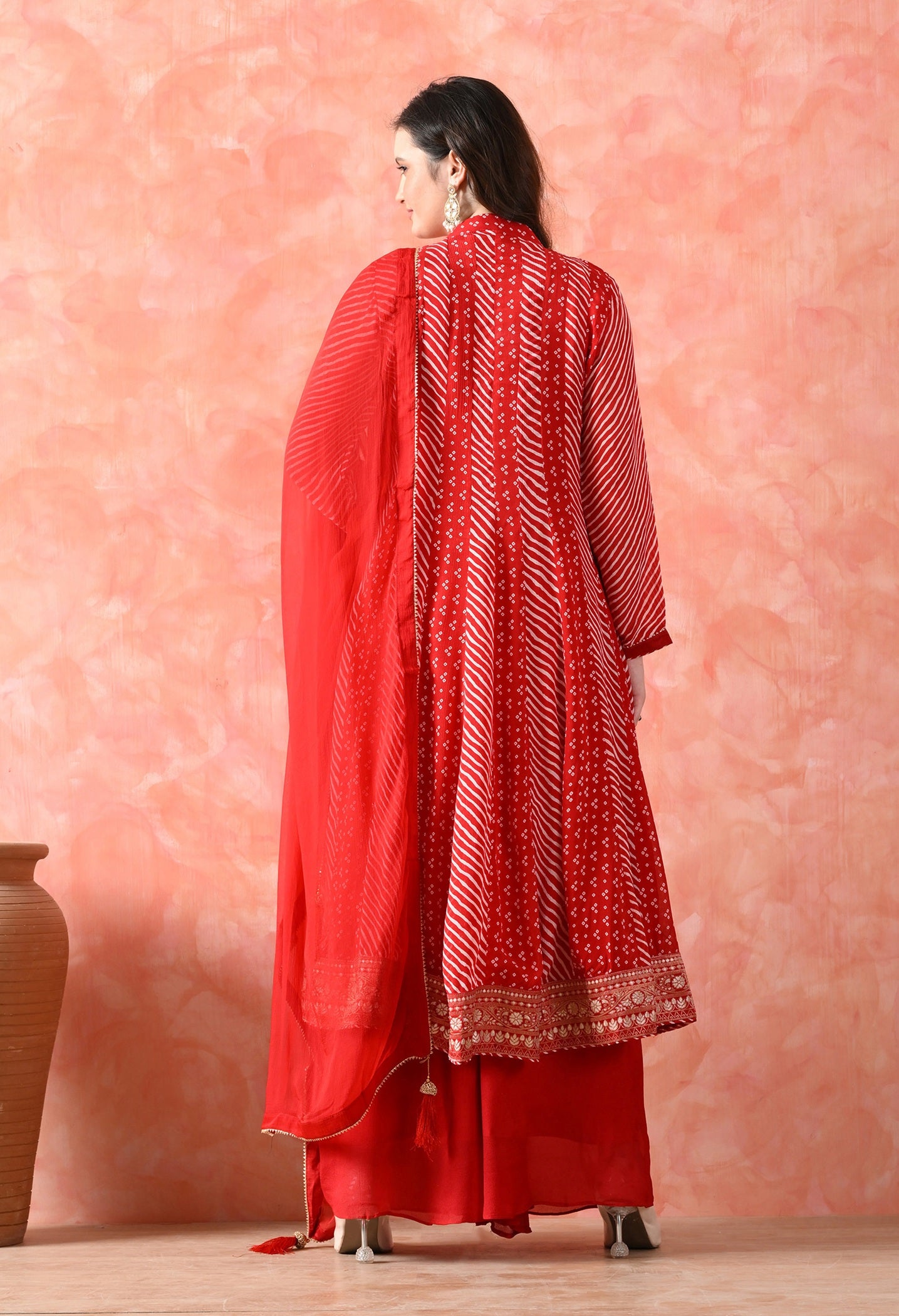 Red Anarkali Set with Mirror & Pearl Work