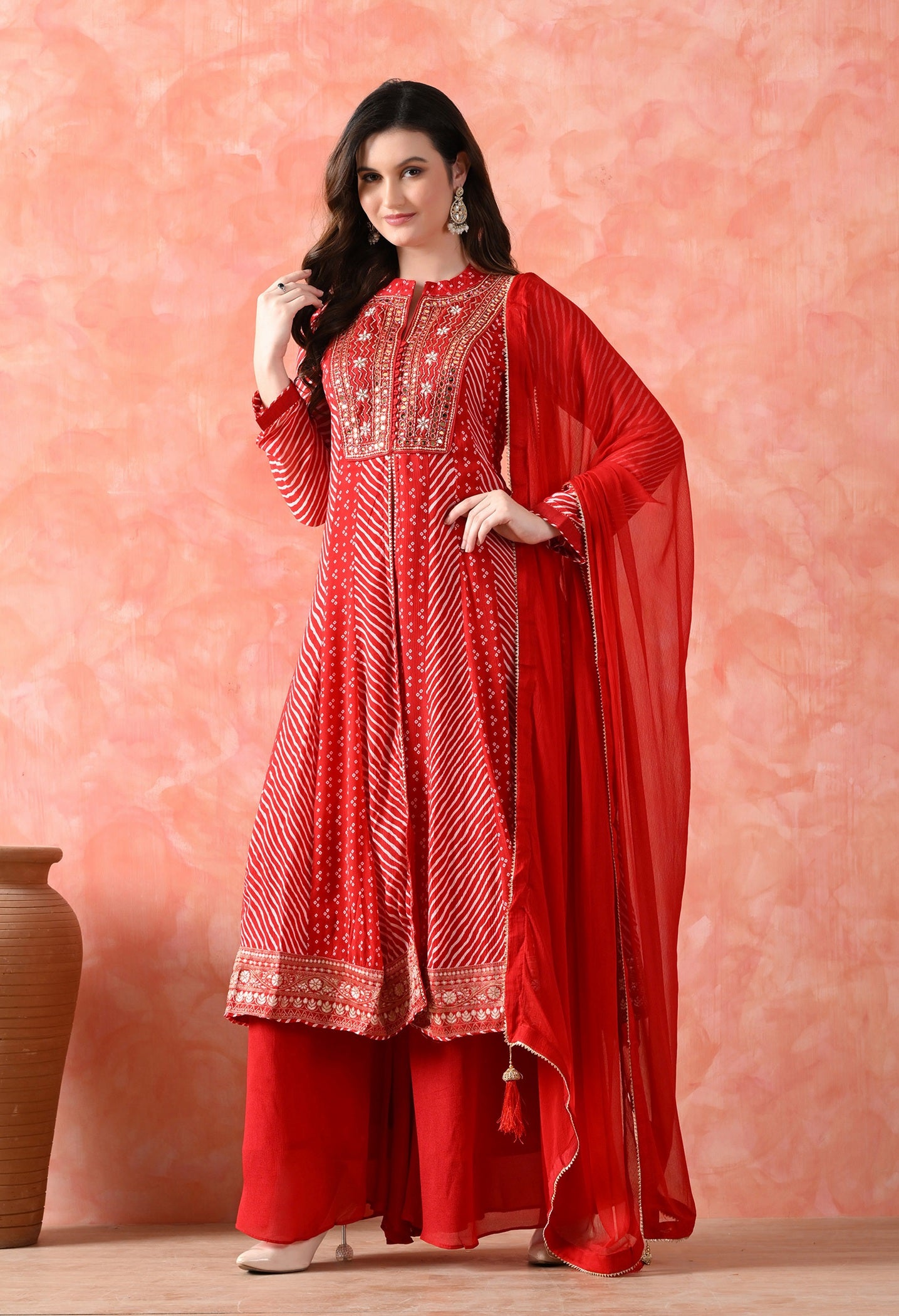 Red Anarkali Set with Mirror & Pearl Work